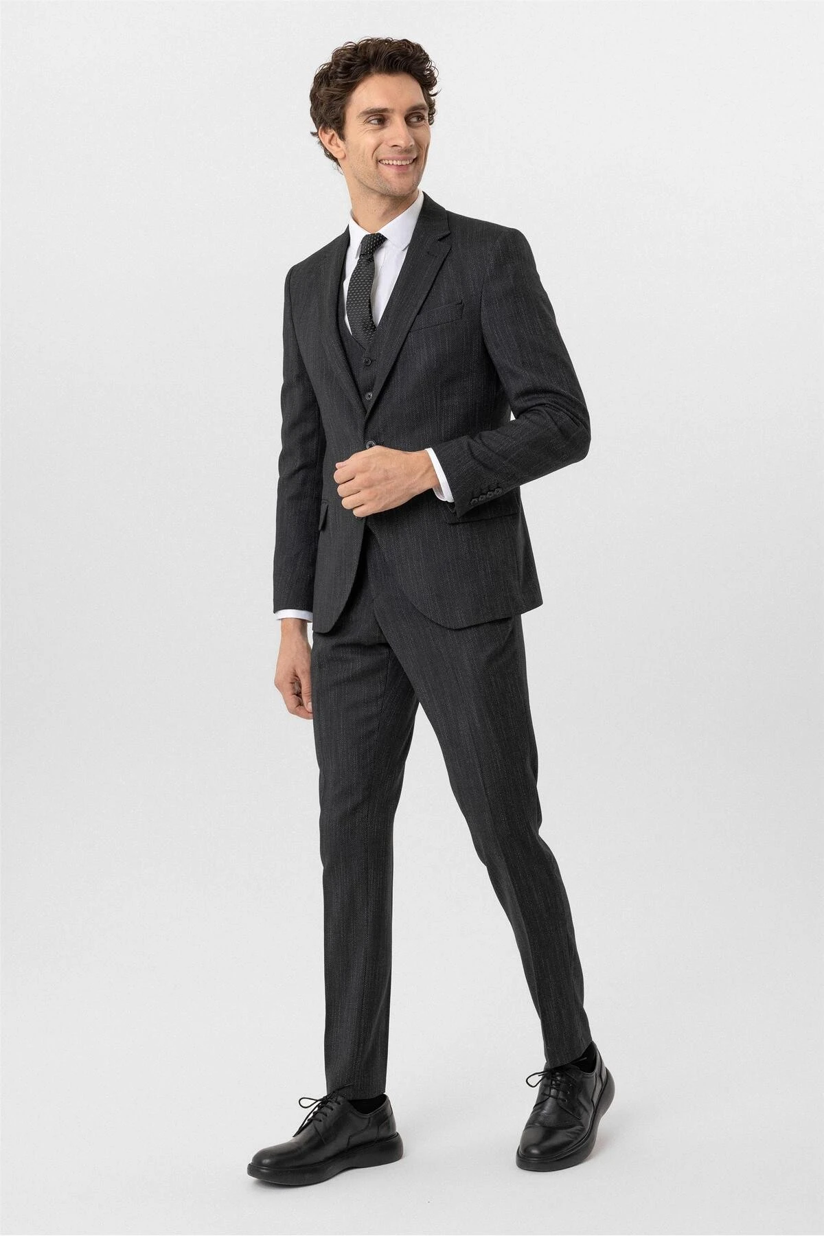 Siyah Slim Fit Desenli Mono Yaka 6 Drop Yelekli Klasik Takım Elbise