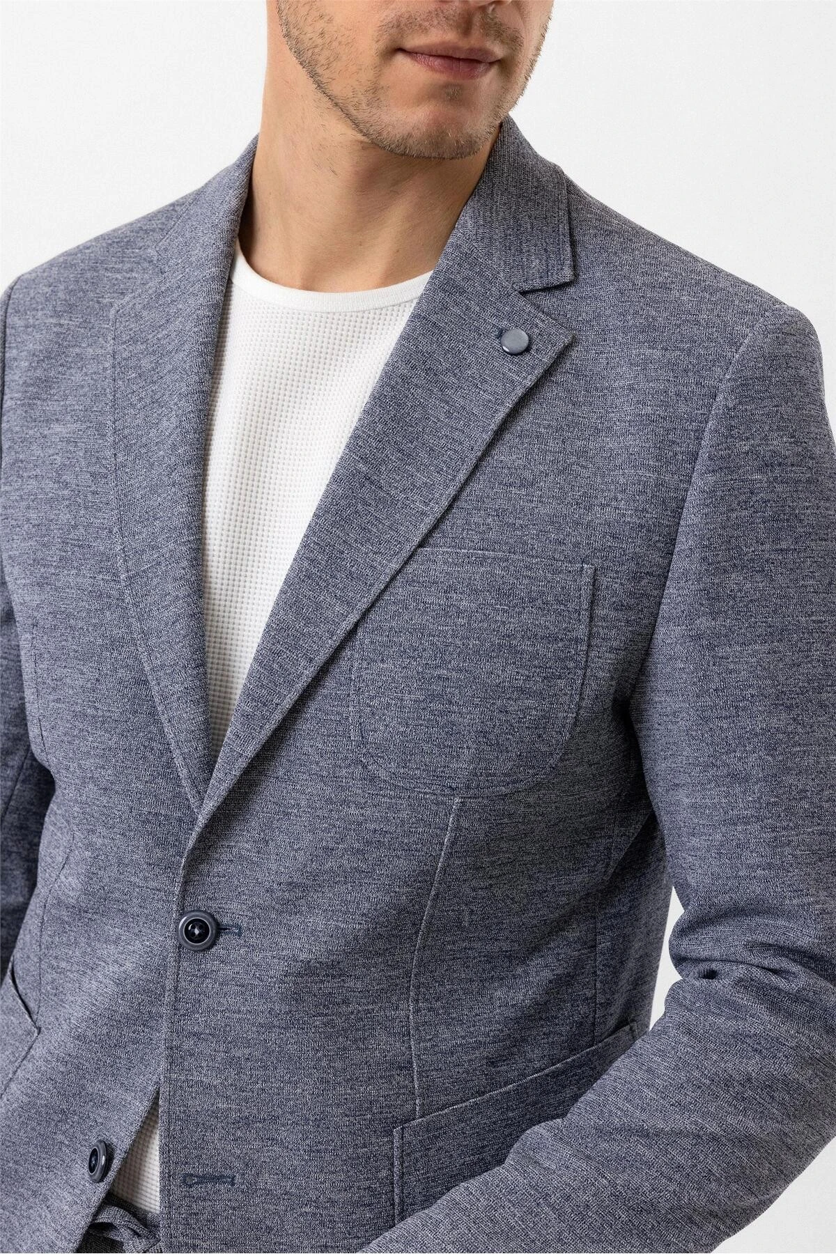 Parlament Mavi Slim Fit Desenli Mono Yaka 6 Drop Spor Takım Elbise