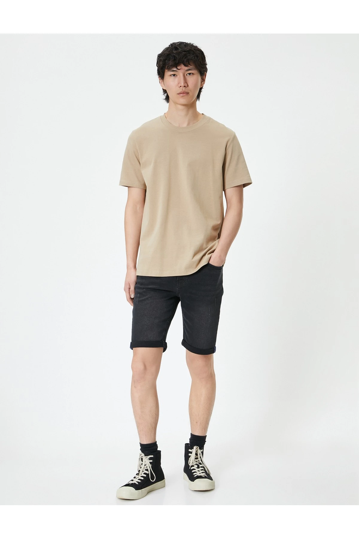 Yırtık Kot Şort Bermuda Slim Fit Katlı Paça Düğmeli