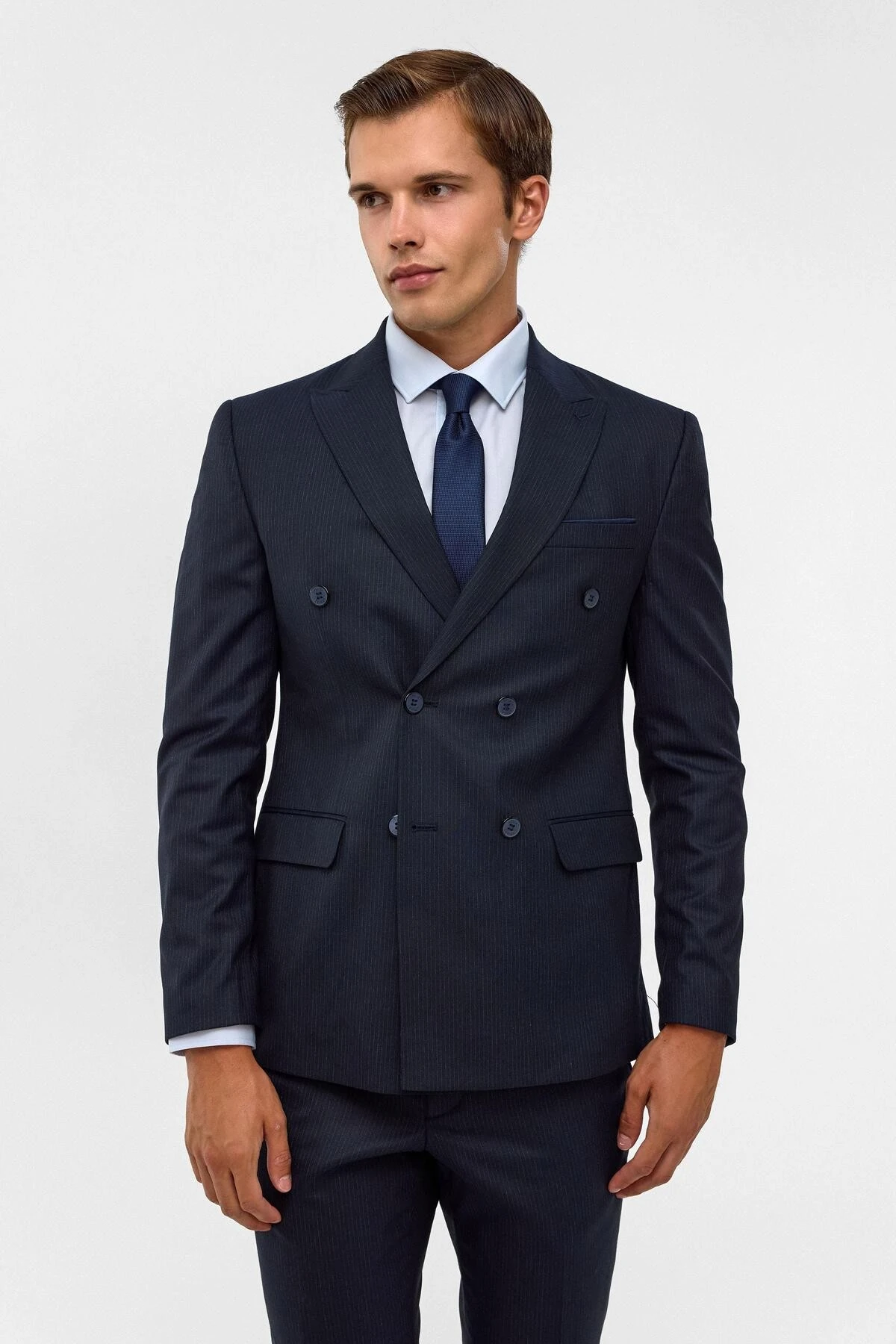 Lacivert Slim Fit Desenli Sivri Yaka 6 Drop Klasik Takım Elbise