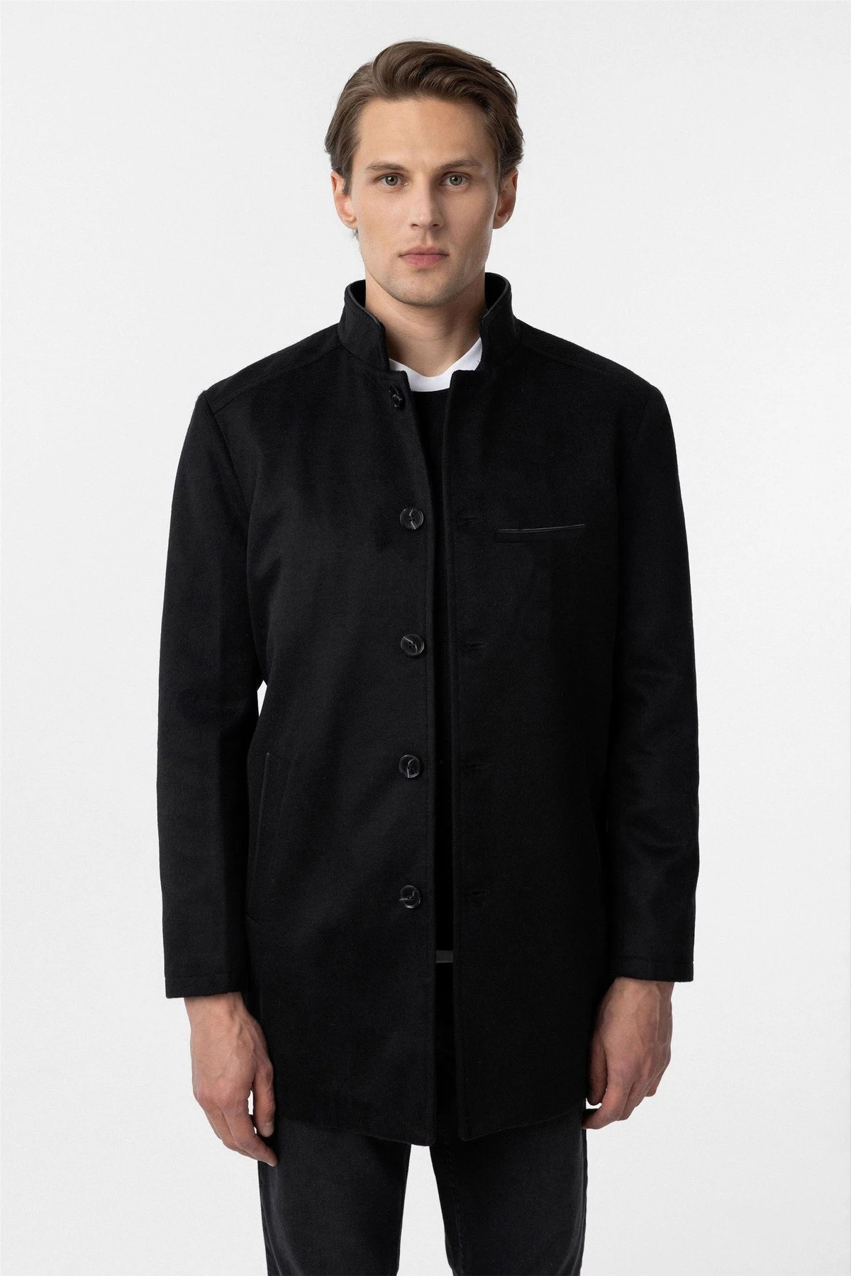 Bol Kesim Hakim Yaka Düz Lacivert Erkek Kaban