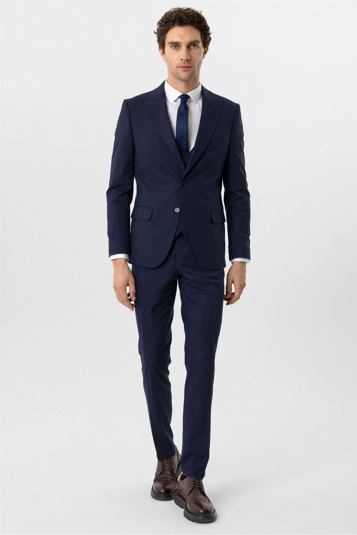 Lacivert Slim Fit Desenli Sivri Yaka 6 Drop Yelekli Klasik Takım Elbise