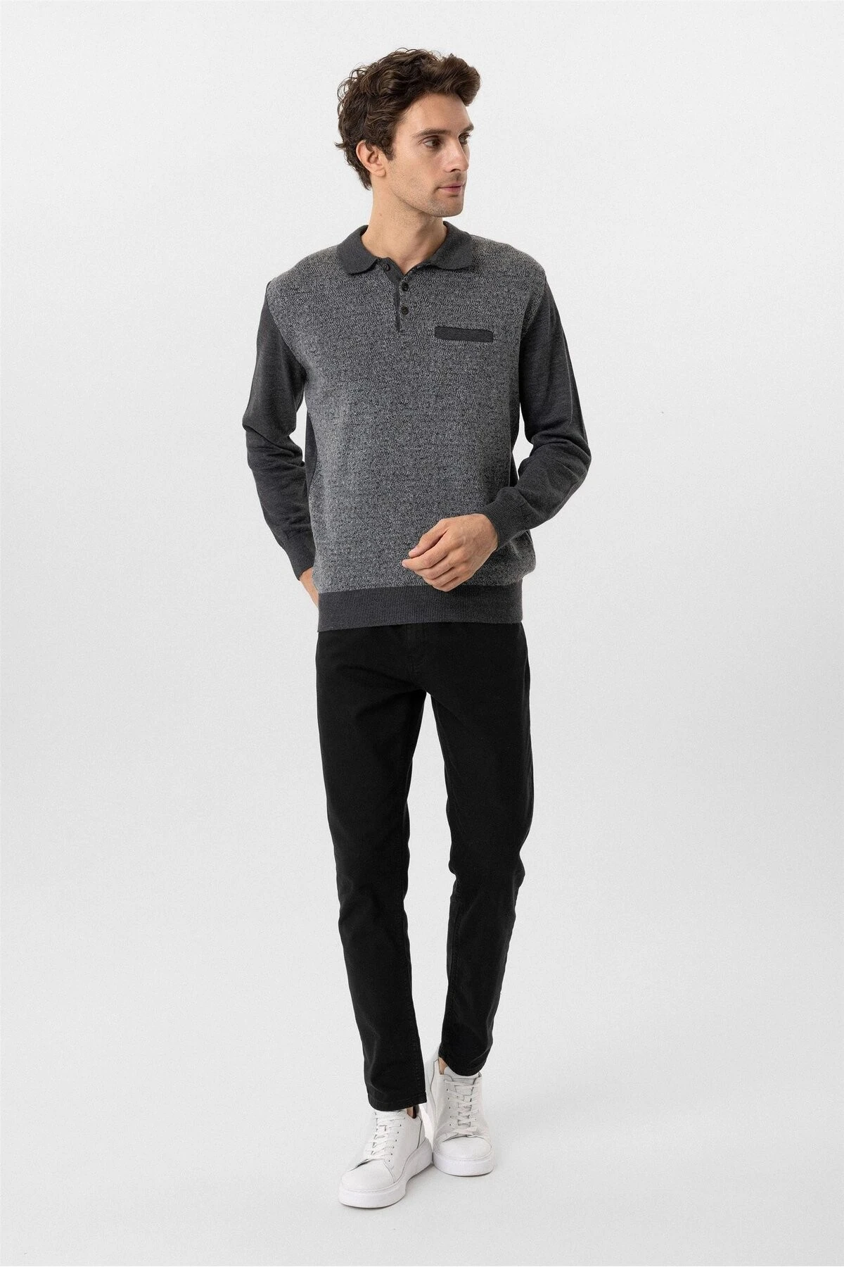 Antrasit Regular Armürlü Polo Yaka Triko