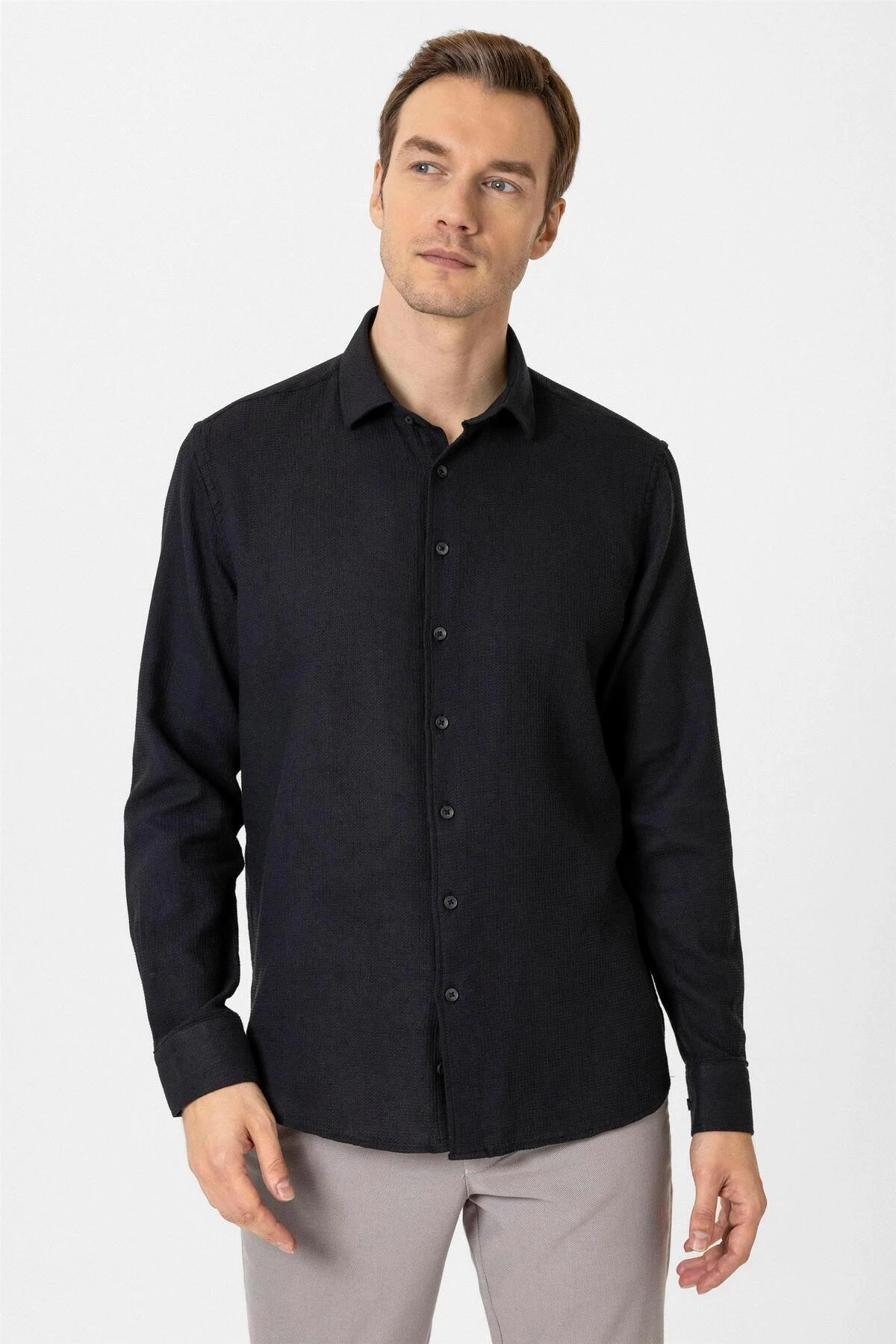 Köşeli Manşet Slimfit Desenli Gömlek