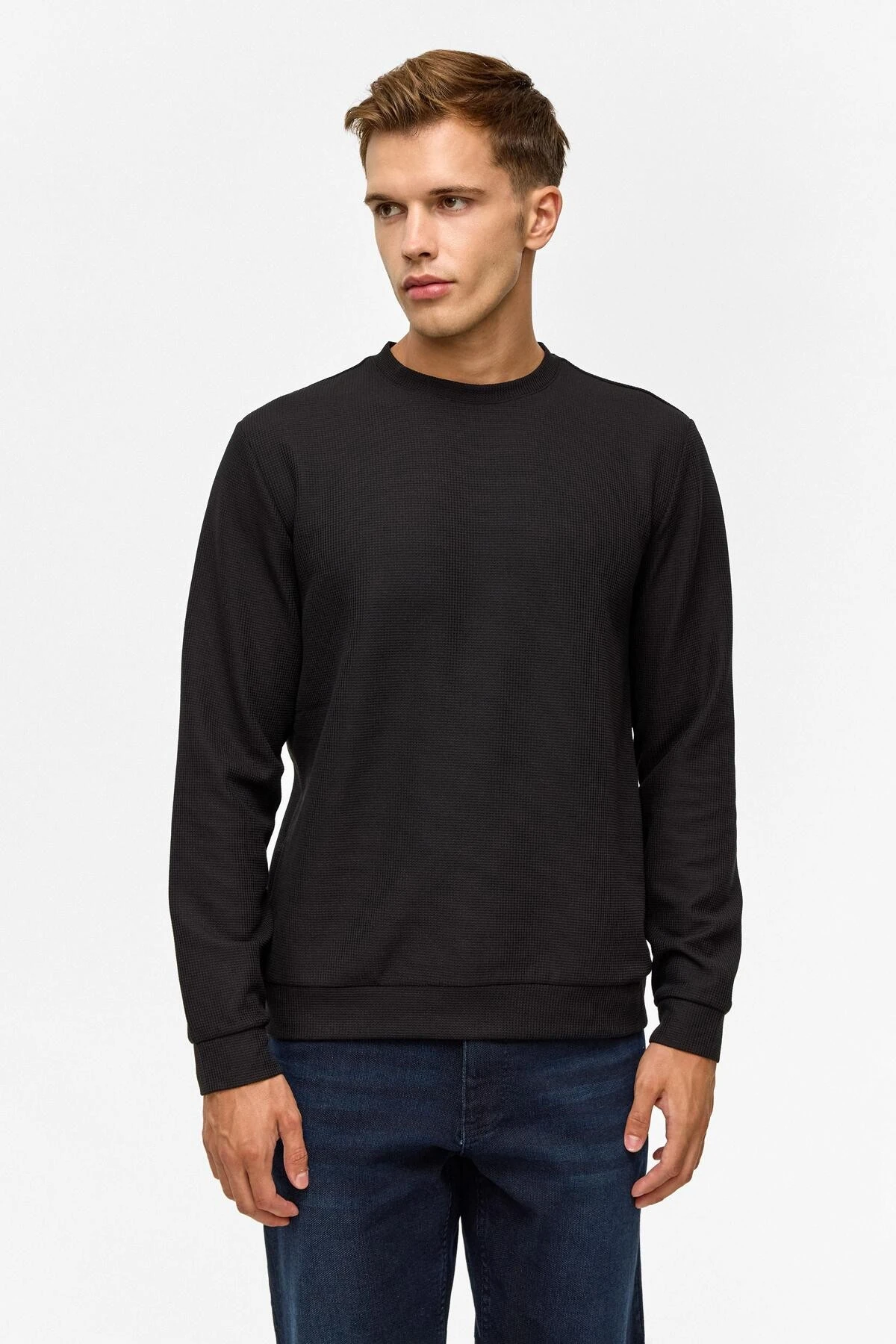 Lacivert Regular Düz Bisiklet Yaka Sweatshirt