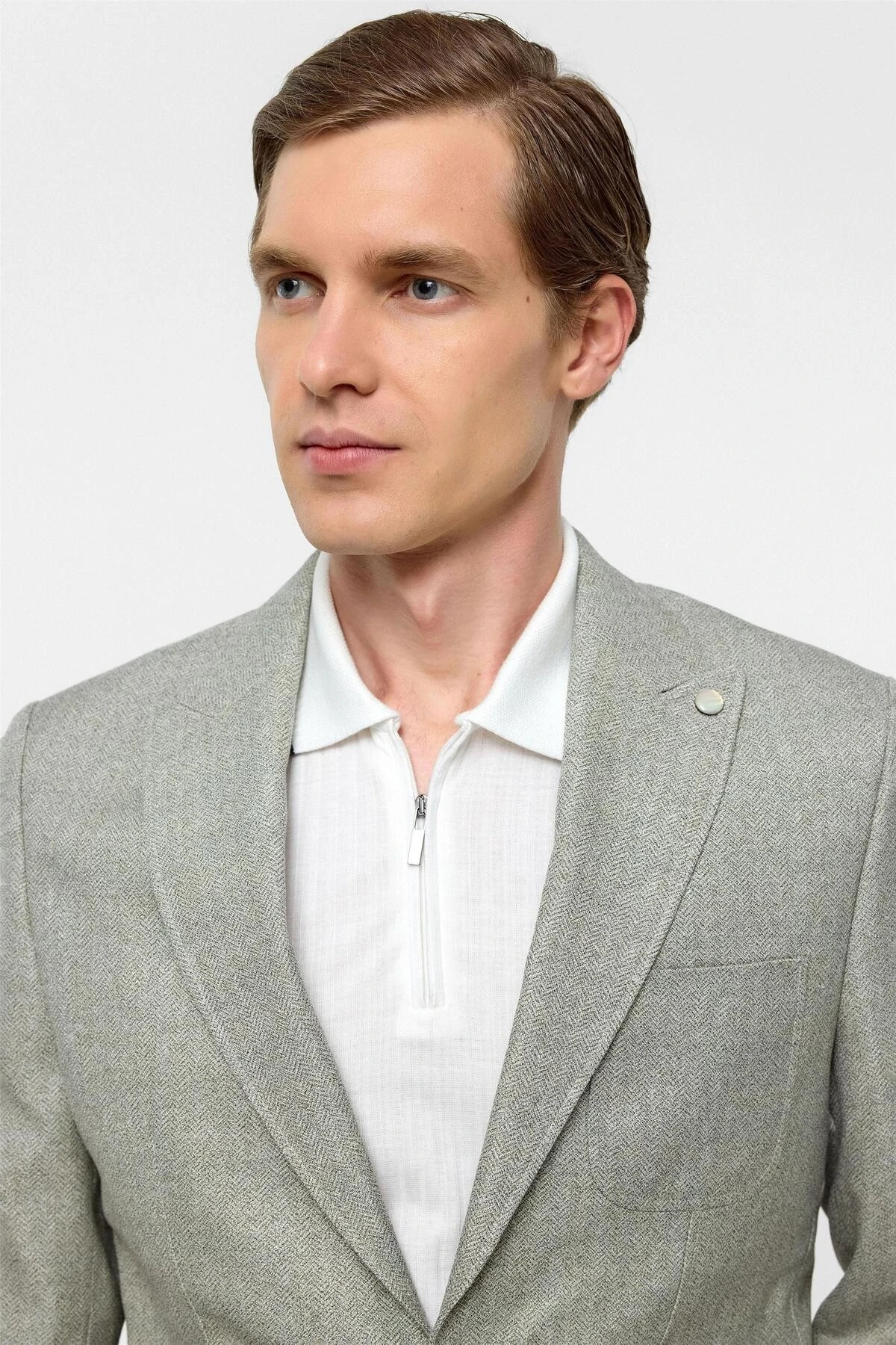 Su Yeşili Slim Fit Desenli Sivri Yaka 6 Drop Ceket