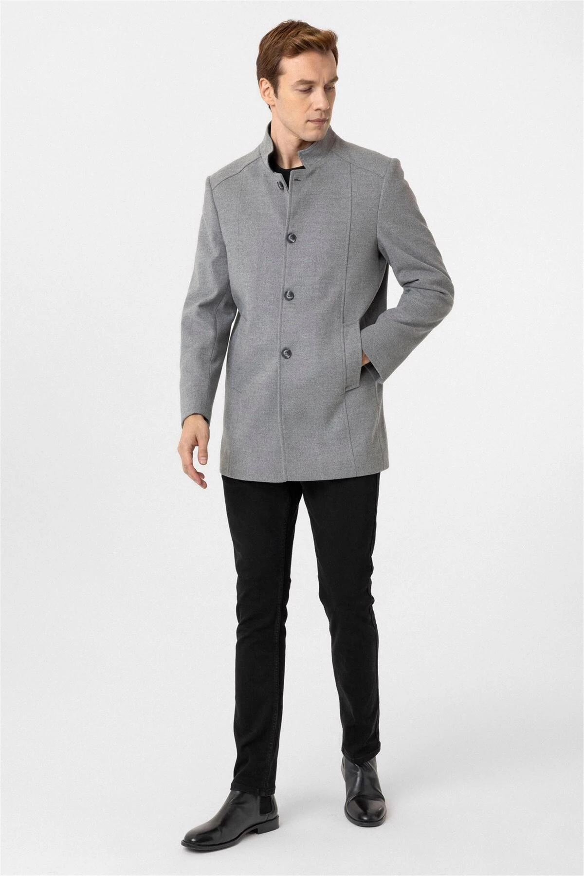 Antrasit Slim Düz Hakim Yaka Kaban
