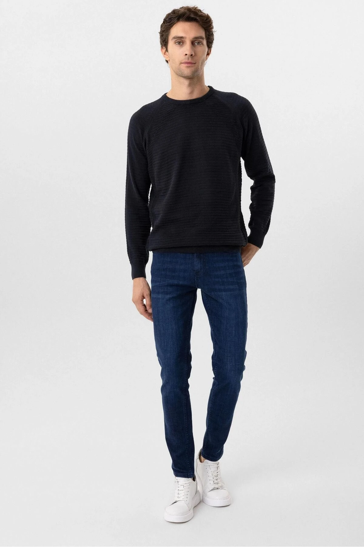 Süvari O Yaka Links Örgü Pamuklu Lacivert Erkek Triko