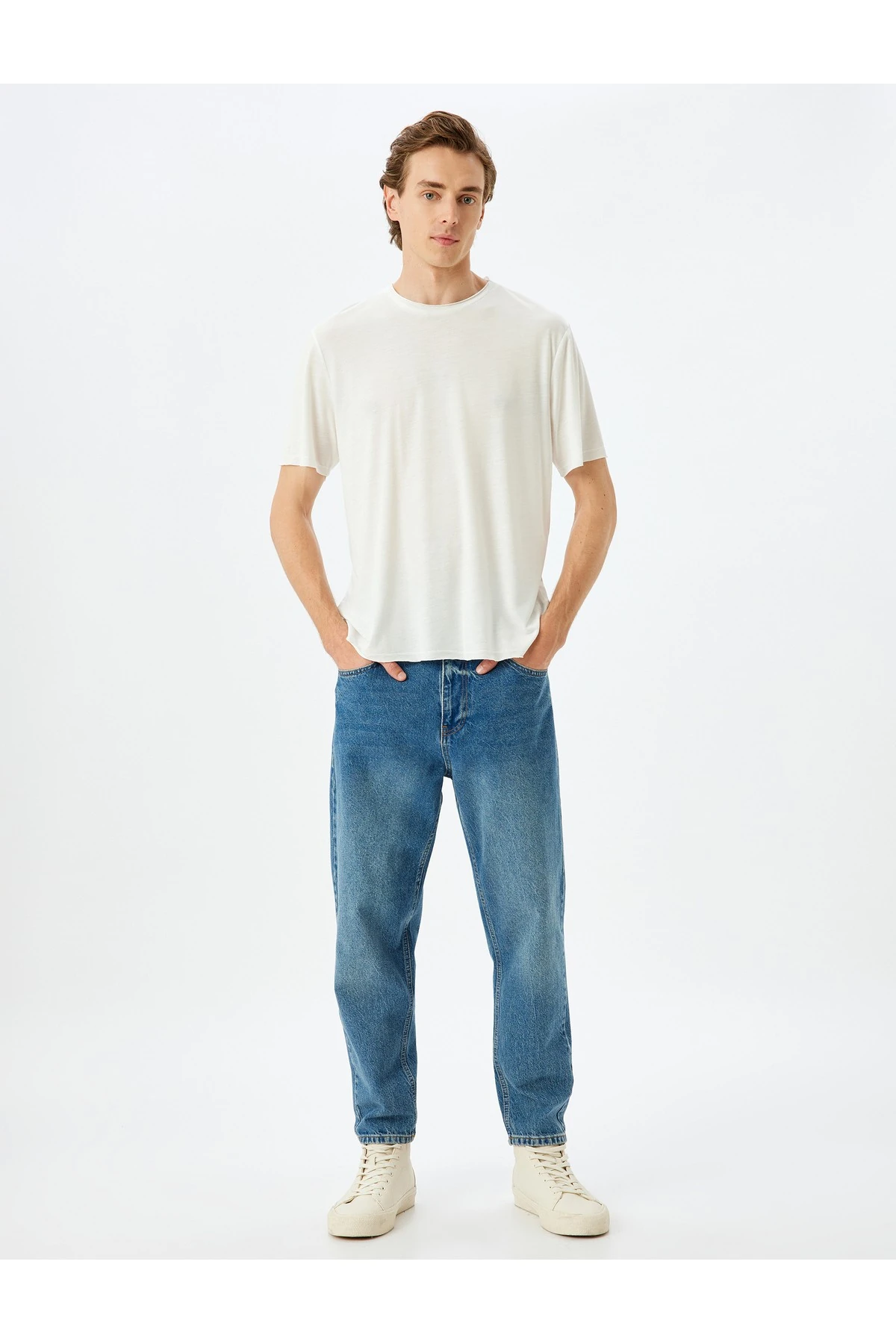 Kısa Kollu Bisiklet Yaka Viskon Karışımlı Beyaz Erkek T-Shirt 5SAM10032HK