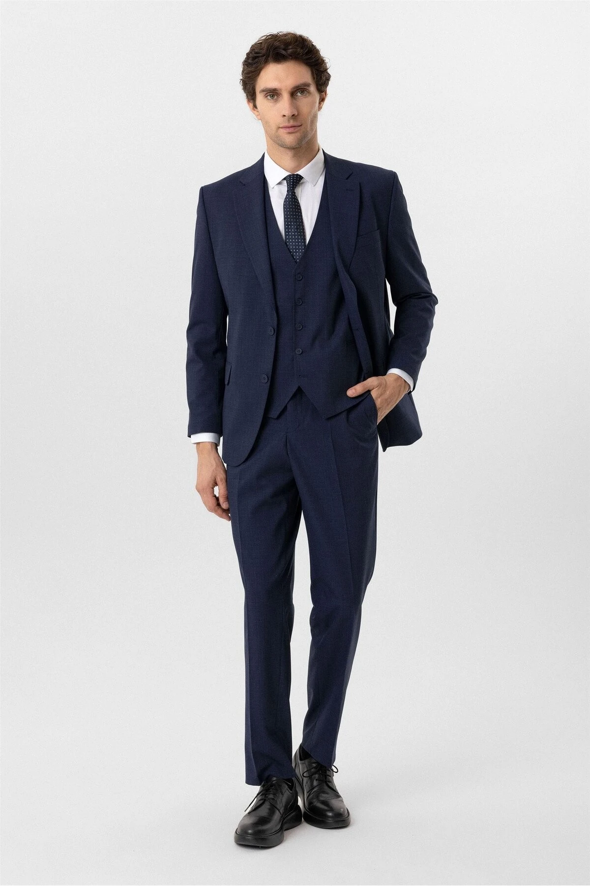 Lacivert Regular Desenli Mono Yaka 4 Drop Yelekli Klasik Takım Elbise