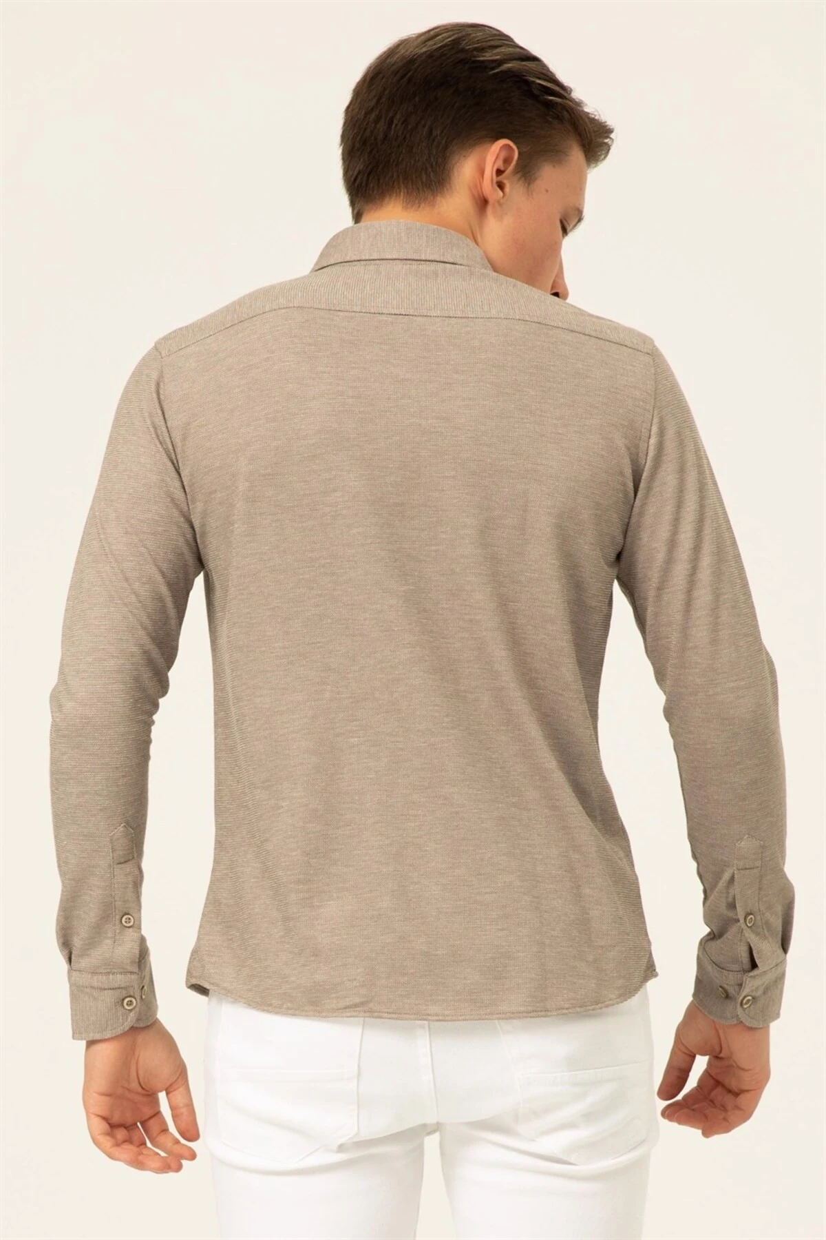 Süvari Slim Fit Uzun Kol Jakarlı Örme Bej Erkek Gömlek