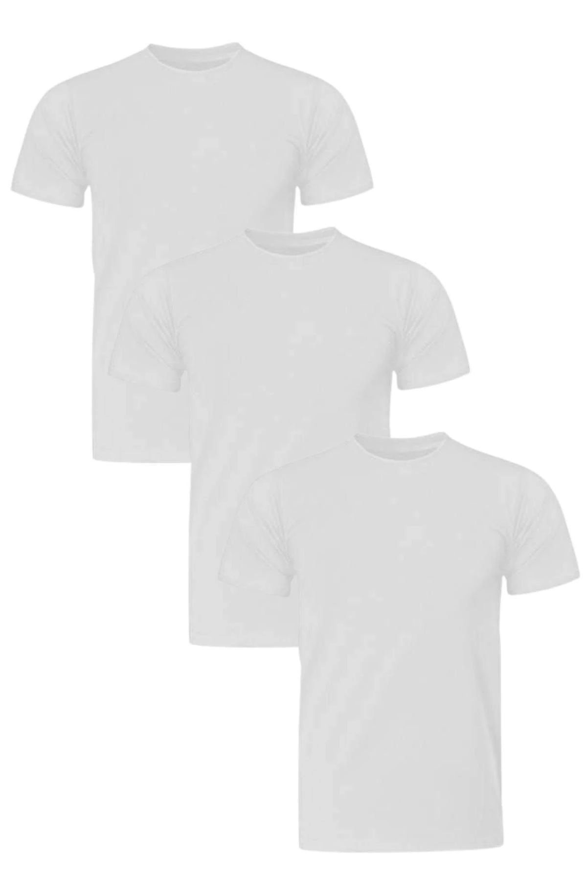 Erkek Beyaz Pamuk Likra Dar Kalıp Yuvarlak Yaka Tshirt 3lü Set