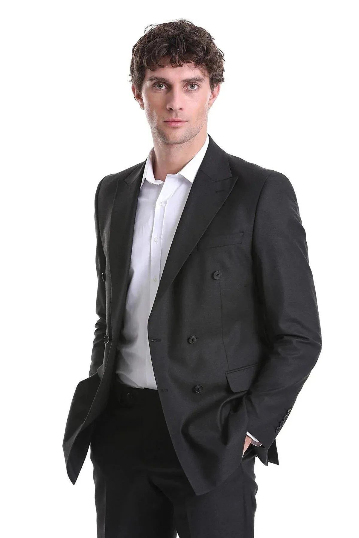 Süvari Dar Kesim Siyah Düz Kruvaze Takım Elbise