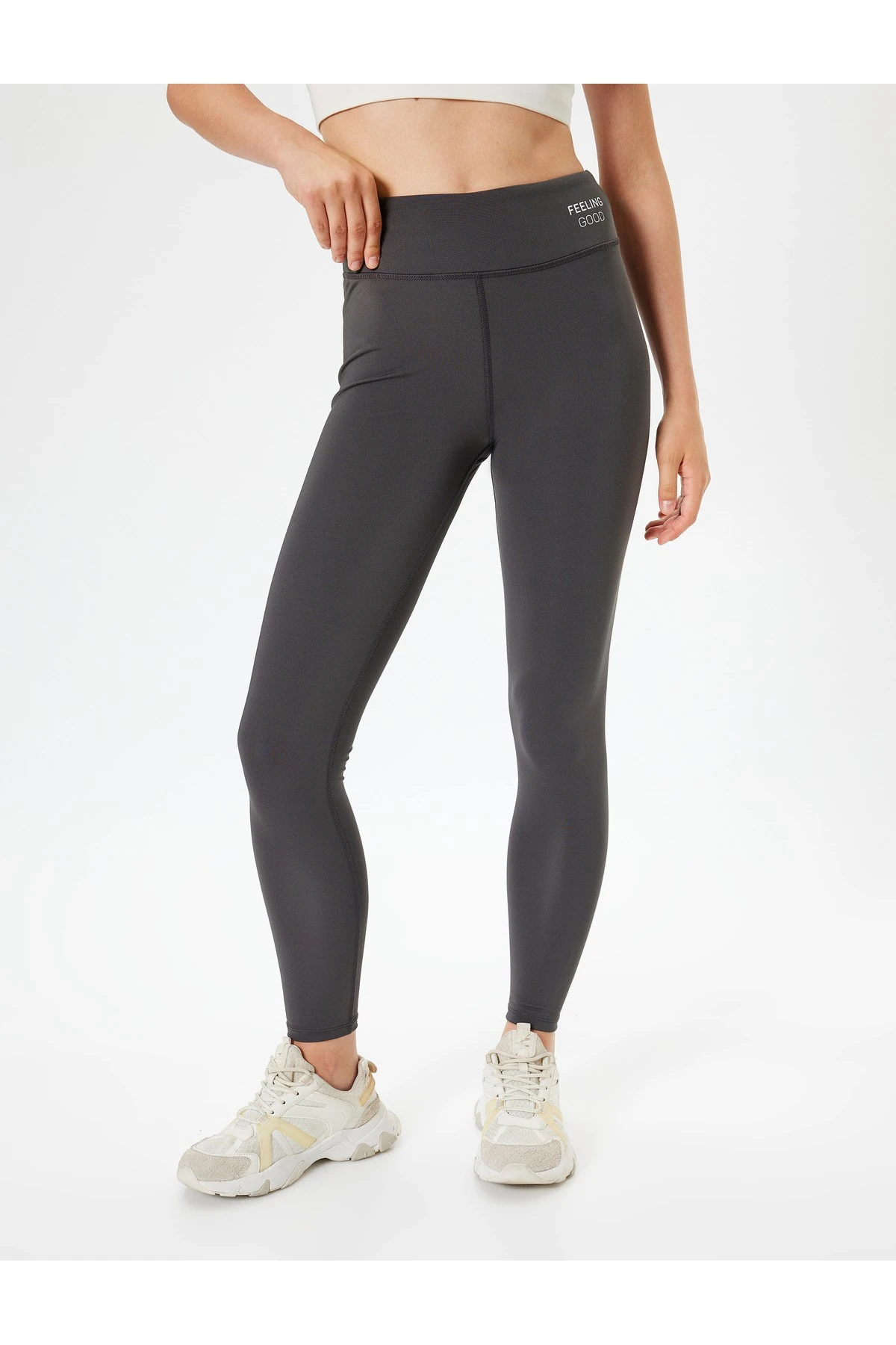 Spor Tayt Yüksek Bel Slogan Baskılı Skinny Fit İnterlok