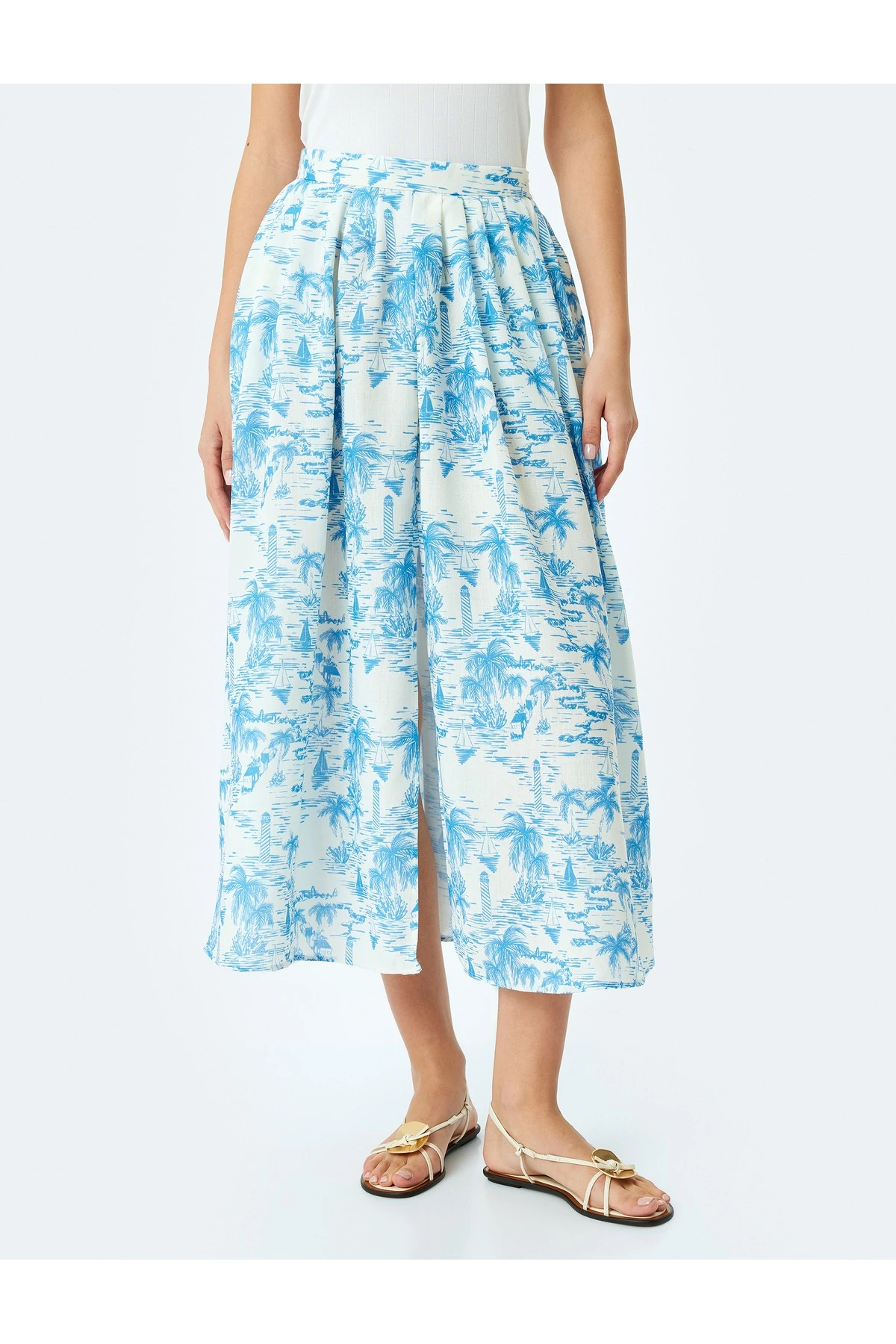 Yüksek Bel Cepli Kloş Midi Boy Çiçekli Etek