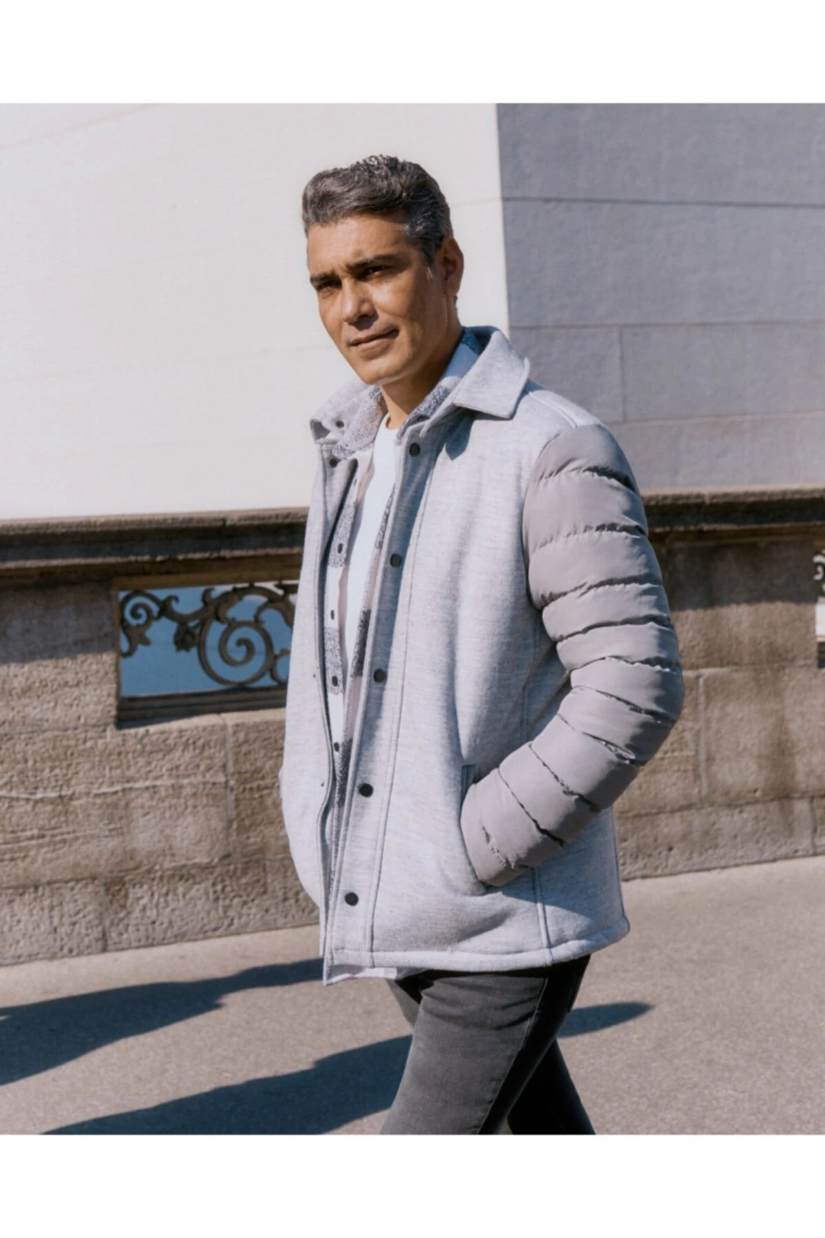 Yünlü Kapitone Gri Erkek Mont