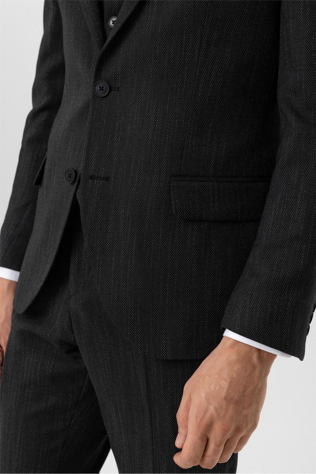 Siyah Slim Fit Desenli Mono Yaka 6 Drop Yelekli Klasik Takım Elbise