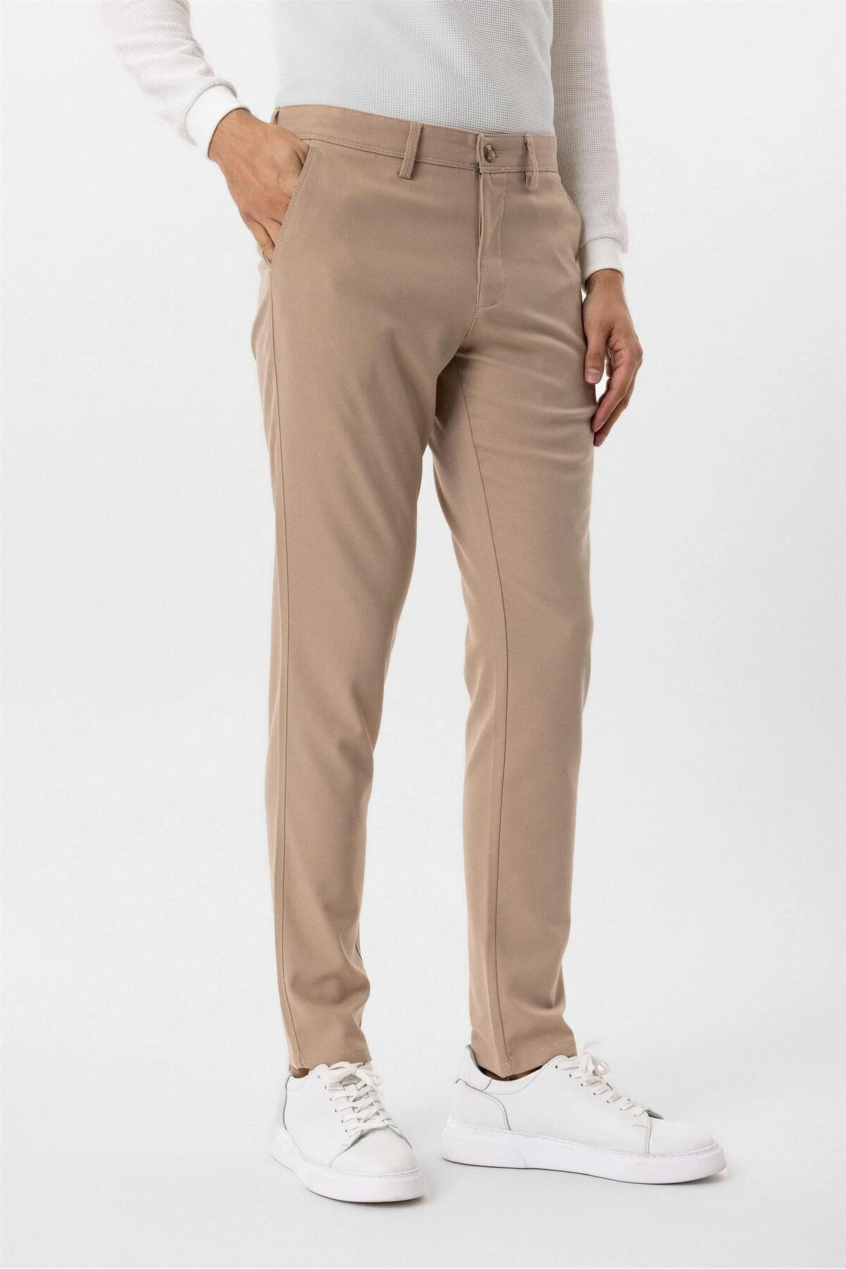 Süvari Dar Kalıp Armür Desenli Bej Keten Pantolon