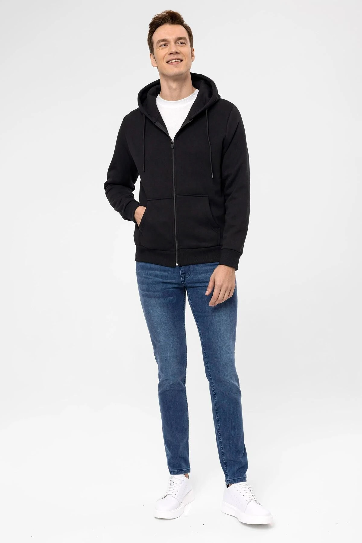 Süvari Kapüşonlu Fermuarlı Yaka Regular Kalıp Düz Lacivert Sweatshirt