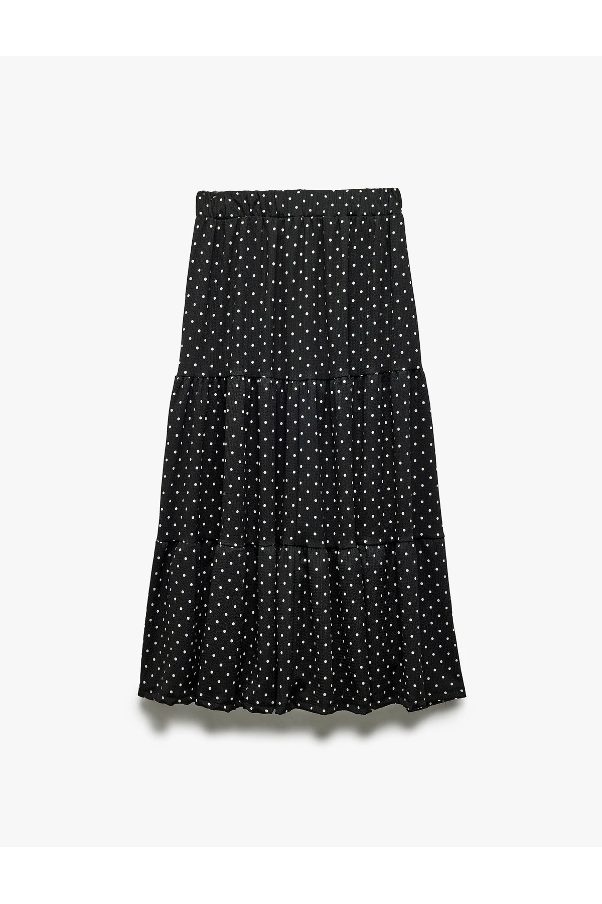 Yüksek Bel Volanlı Katlı Puantiyeli Midi Etek Bürümcük