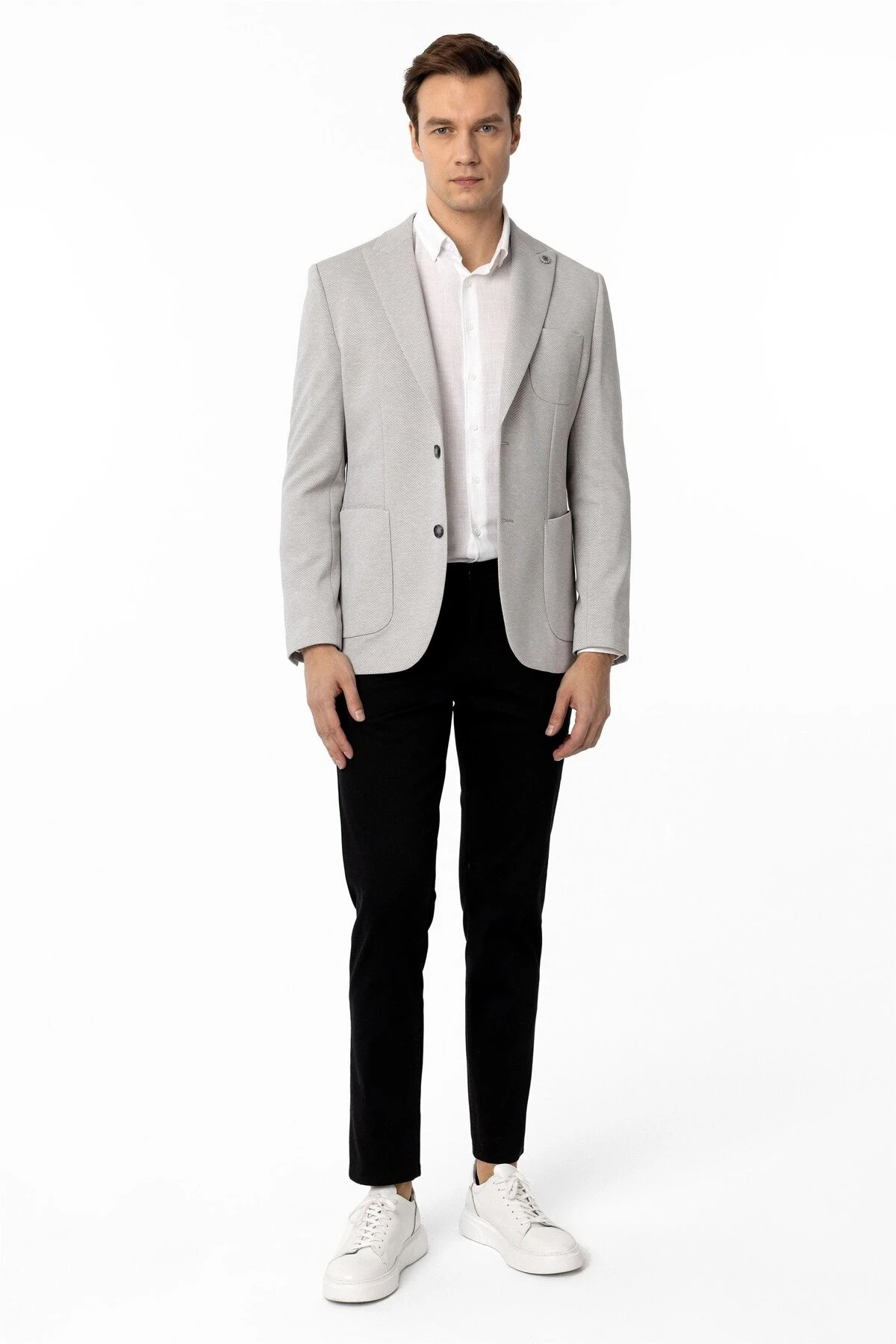 Gri Slim Fit Armürlü Sivri Yaka 6 Drop Ceket