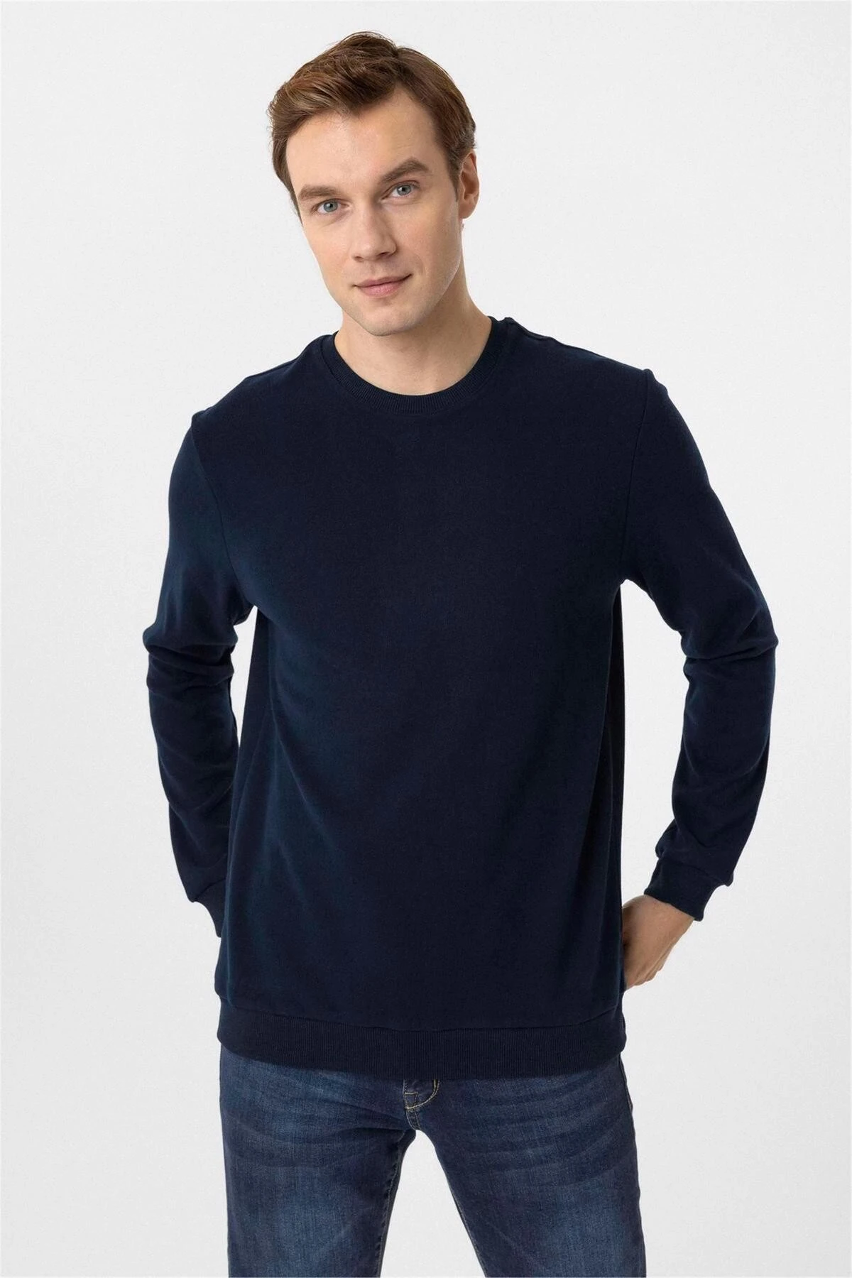 Lacivert Regular Düz Bisiklet Yaka Triko