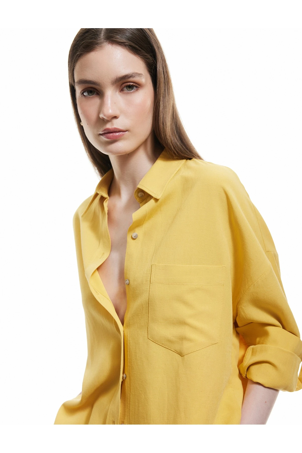 Cepli Viskon Keten Karışımlı Uzun Kollu Gömlek