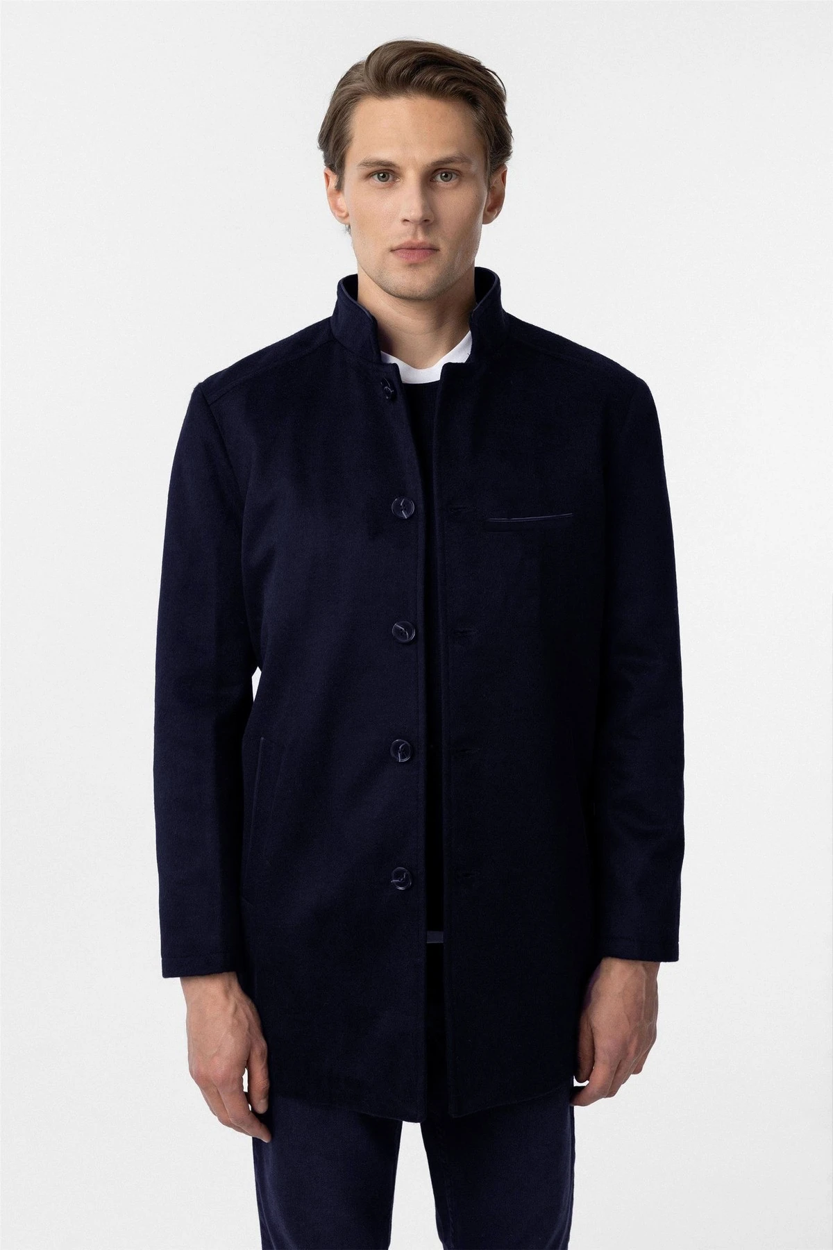 Bol Kesim Hakim Yaka Düz Lacivert Erkek Kaban