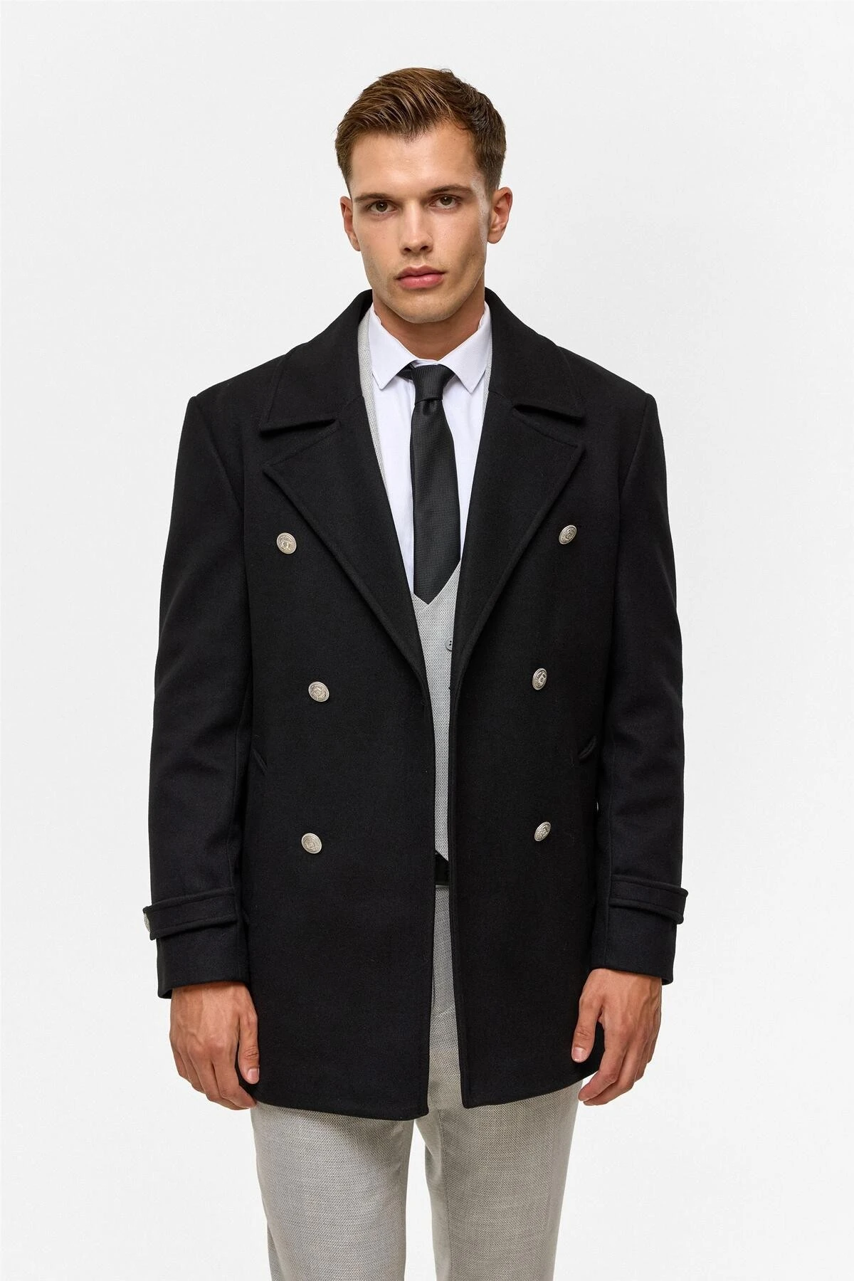 Siyah Slim Düz Kruvaze Yaka Kaban