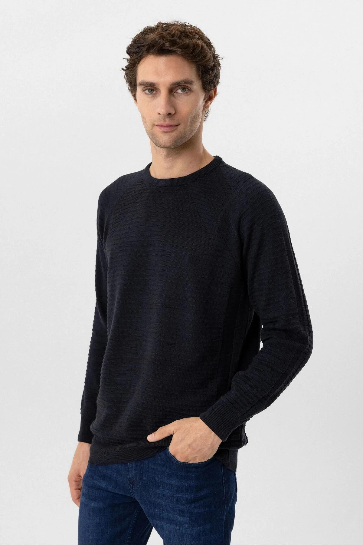 Süvari O Yaka Links Örgü Pamuklu Lacivert Erkek Triko