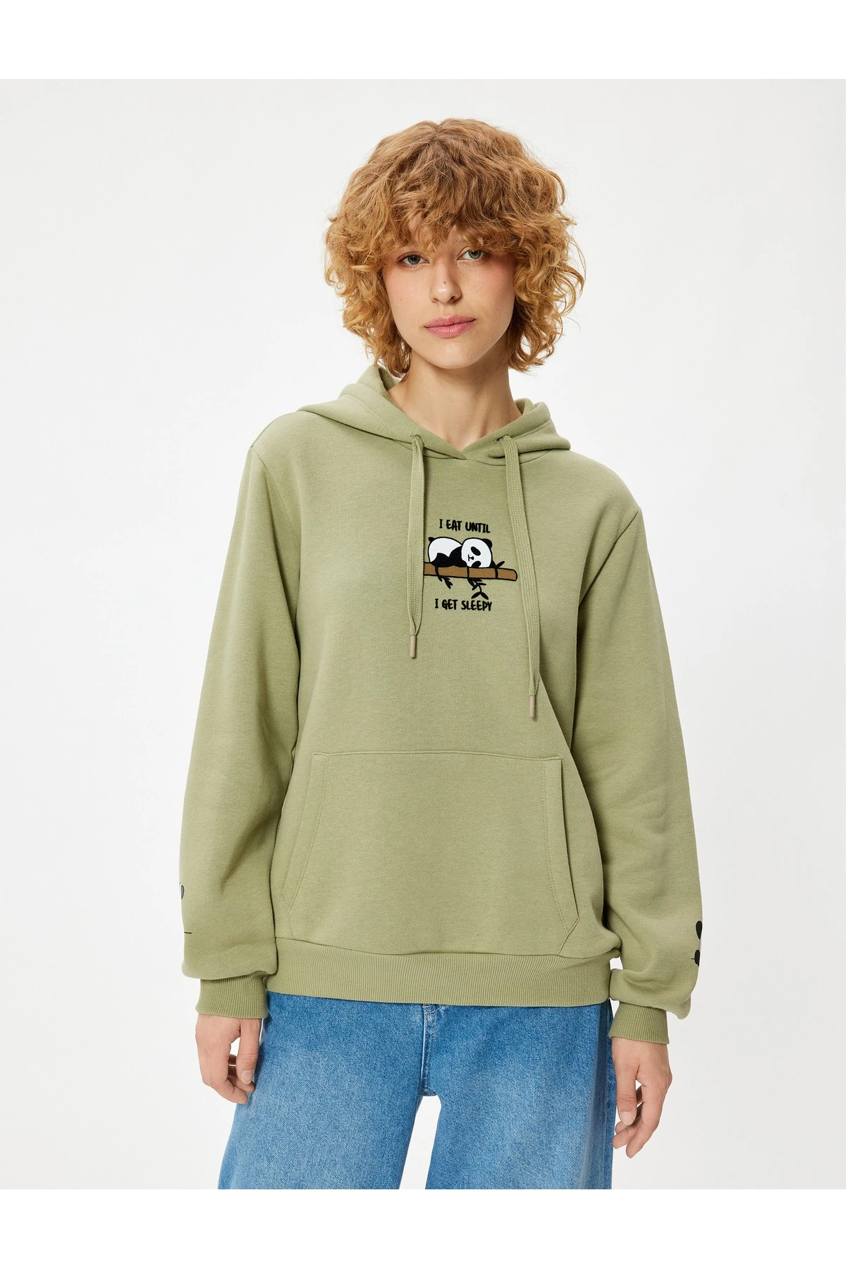 Şardonlu Oversize Kapüşonlu Sweatshirt Panda İşlemeli Kanguru Cepli