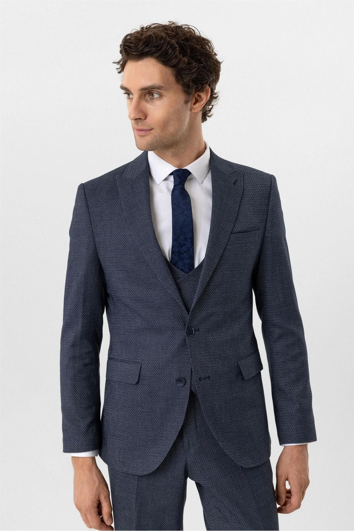 Lacivert Slim Fit Desenli Sivri Yaka 6 Drop Yelekli Klasik Takım Elbise