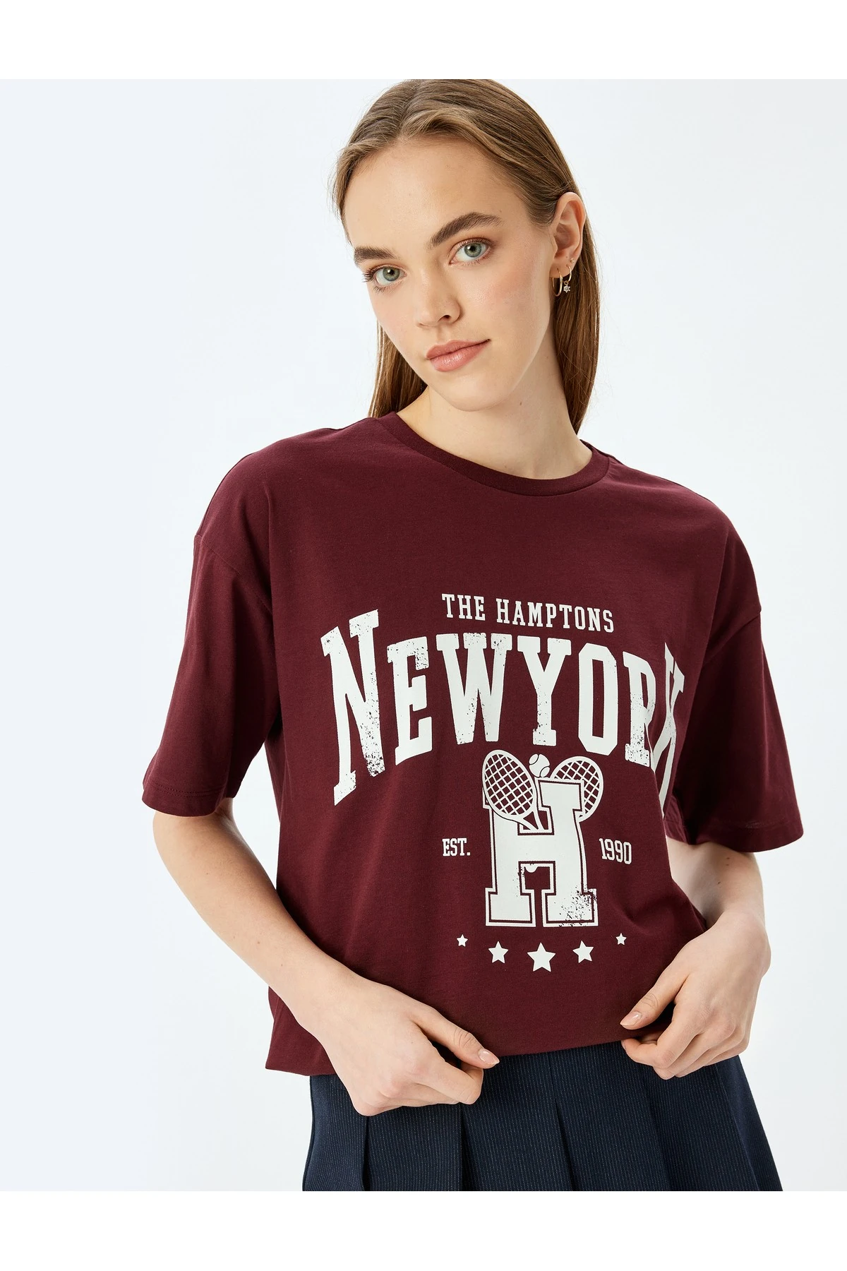 Kolej Baskılı Kısa Kollu Bisiklet Yaka Rahat Kalıp Tişört