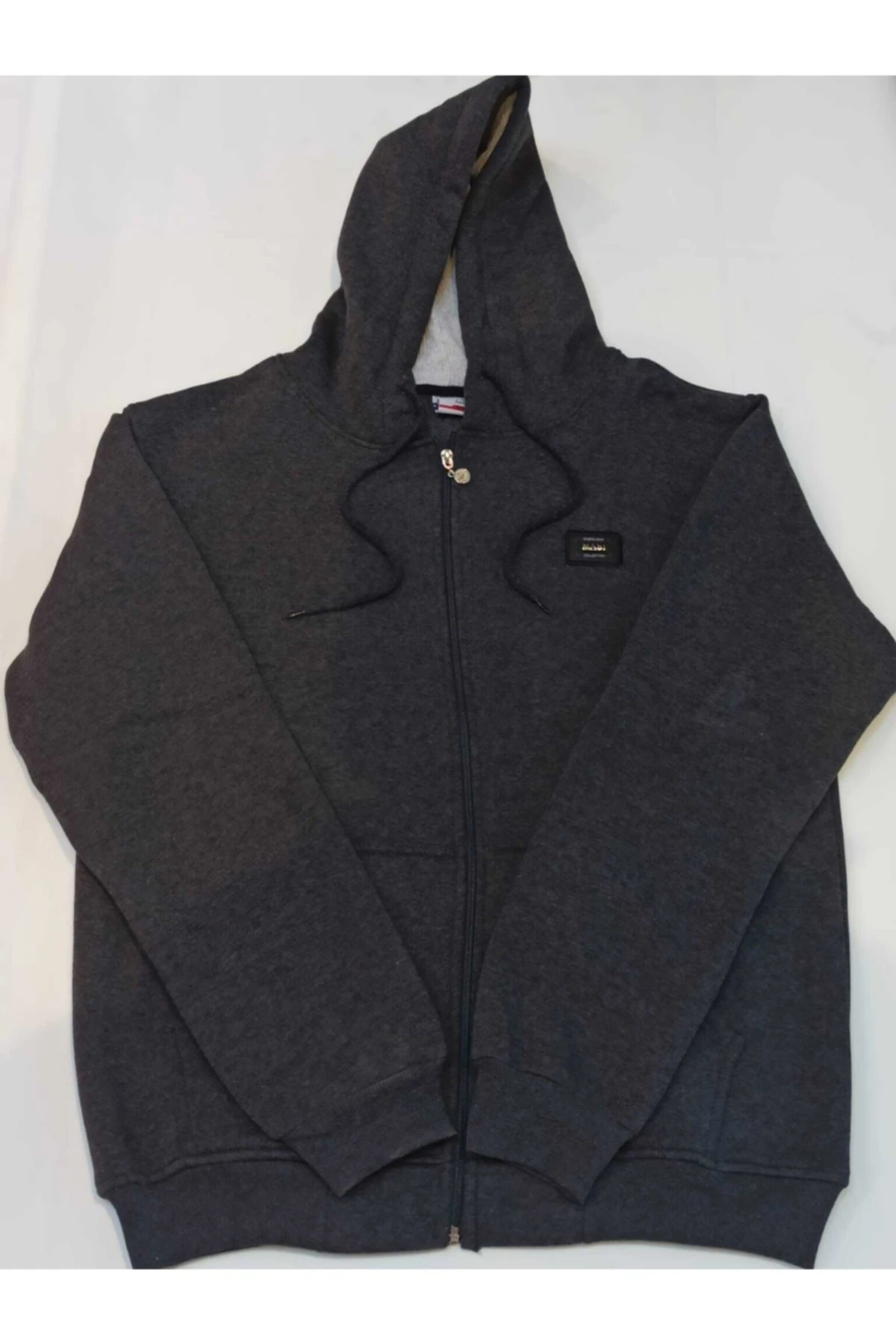 Massi Unisex Koyu Gri Büyük Beden İçi Kalın Yumuşak Kapüşonlu Fermuarlı Polar Hırka