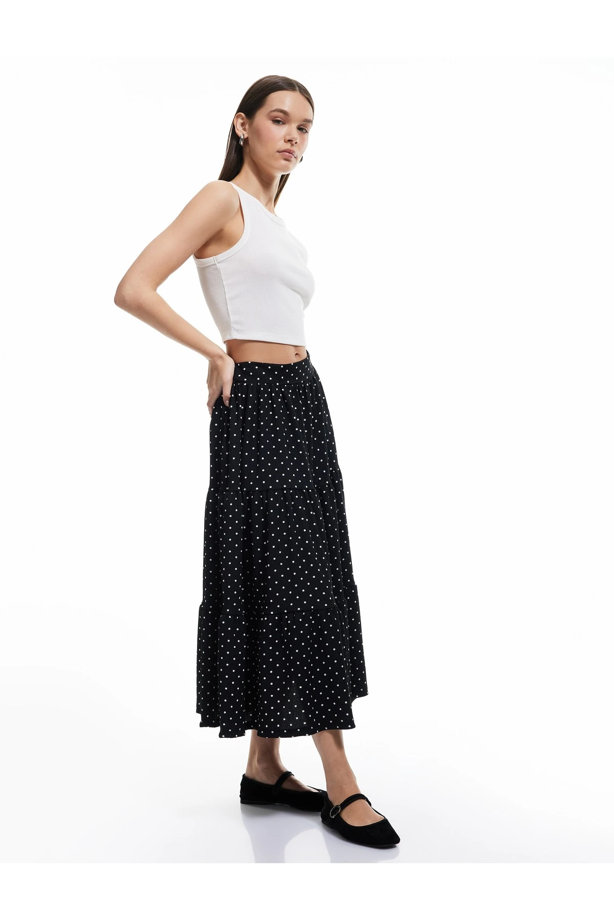 Yüksek Bel Volanlı Katlı Puantiyeli Midi Etek Bürümcük