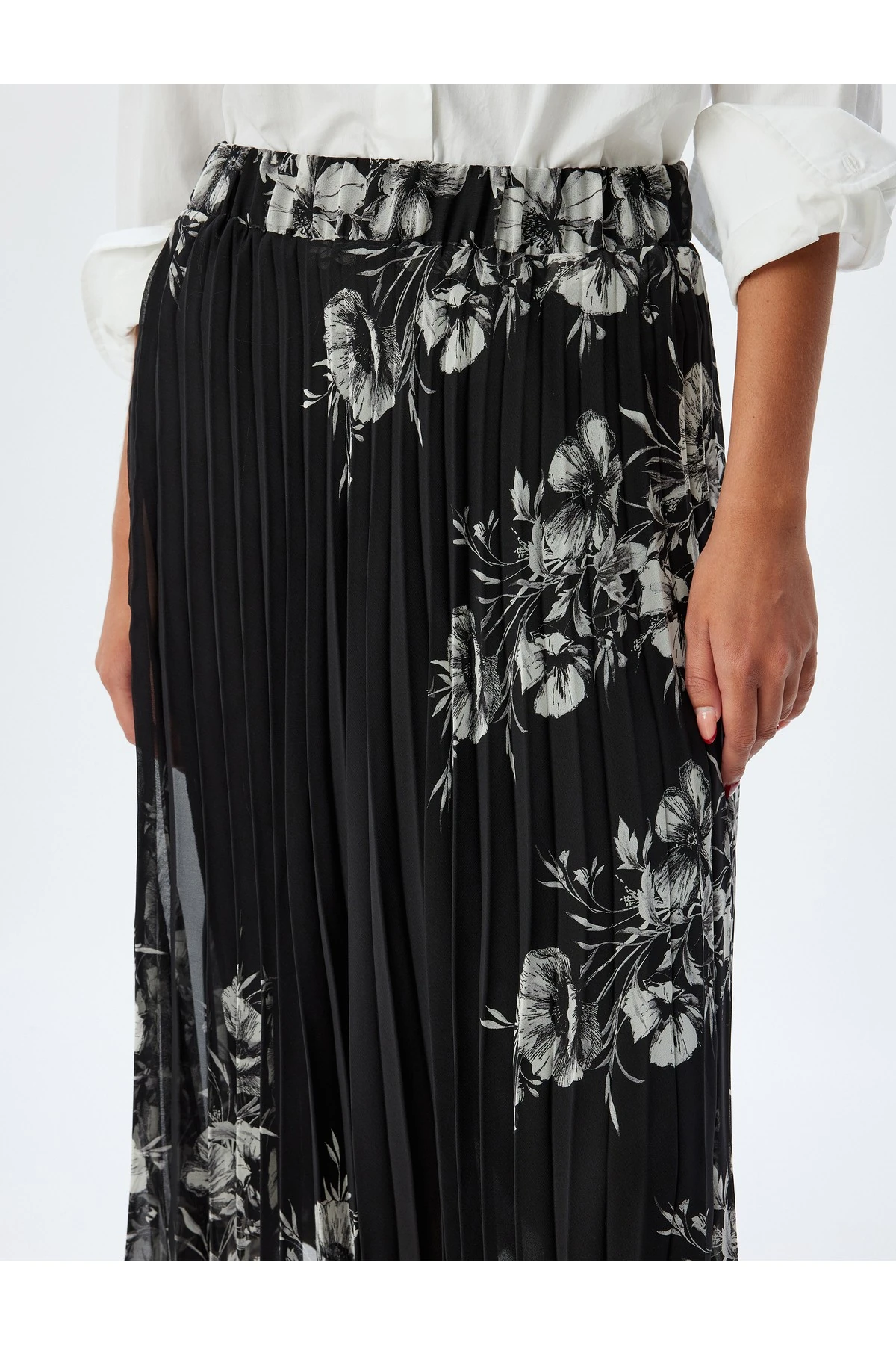 Çiçekli Pileli Etek Midi Boy Standart Bel Astarlı