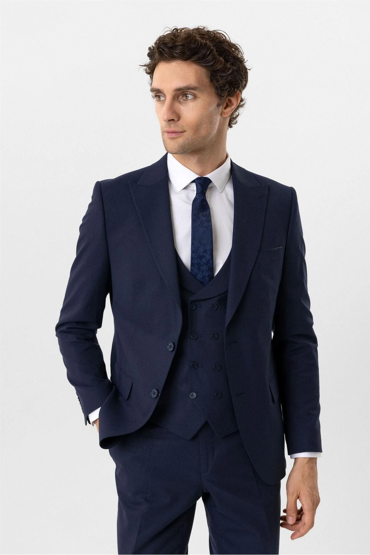 Lacivert Slim Fit Desenli Sivri Yaka 6 Drop Yelekli Klasik Takım Elbise