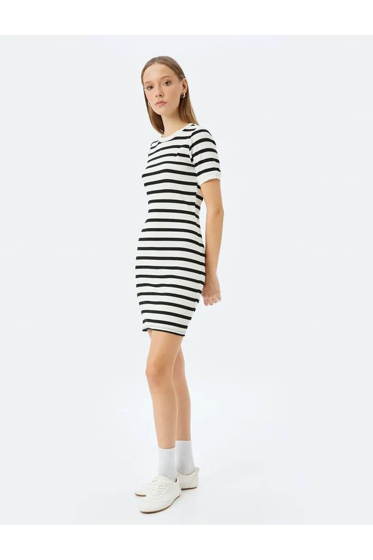 Mini Bisiklet Yaka Kısa Kollu Fitilli Slim Fit Elbise