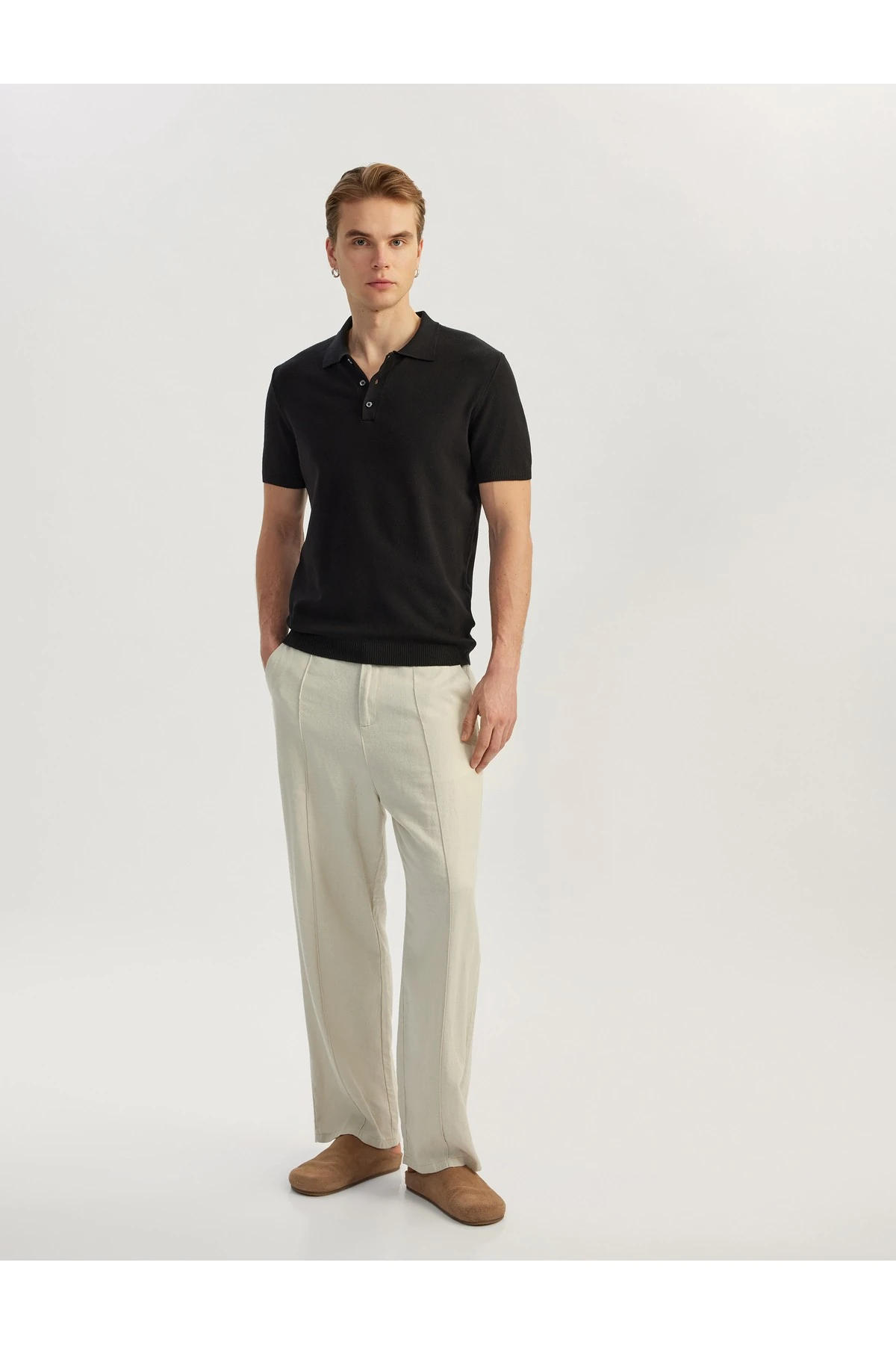 Düğmeli Polo Yaka Viskon Karışımlı Kısa Kollu Triko Kazak