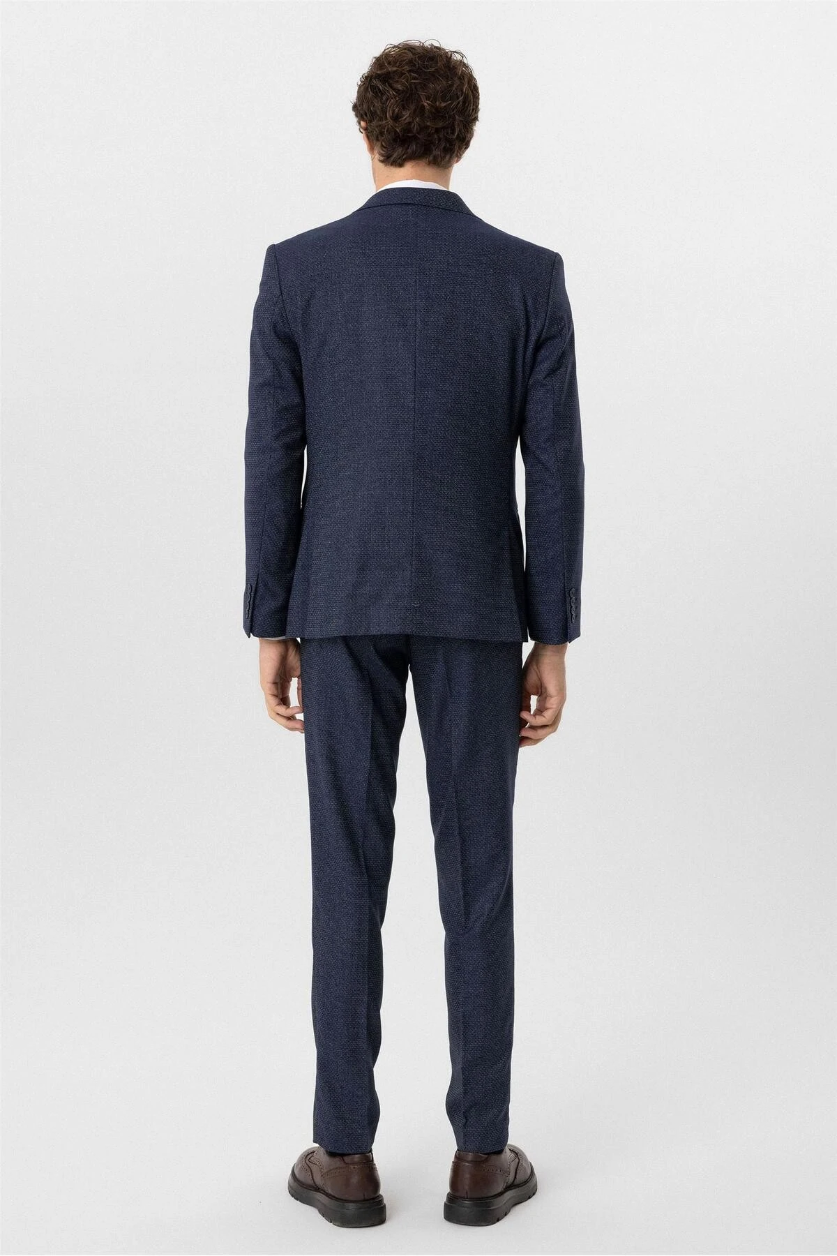 Lacivert Slim Fit Desenli Sivri Yaka 6 Drop Yelekli Klasik Takım Elbise