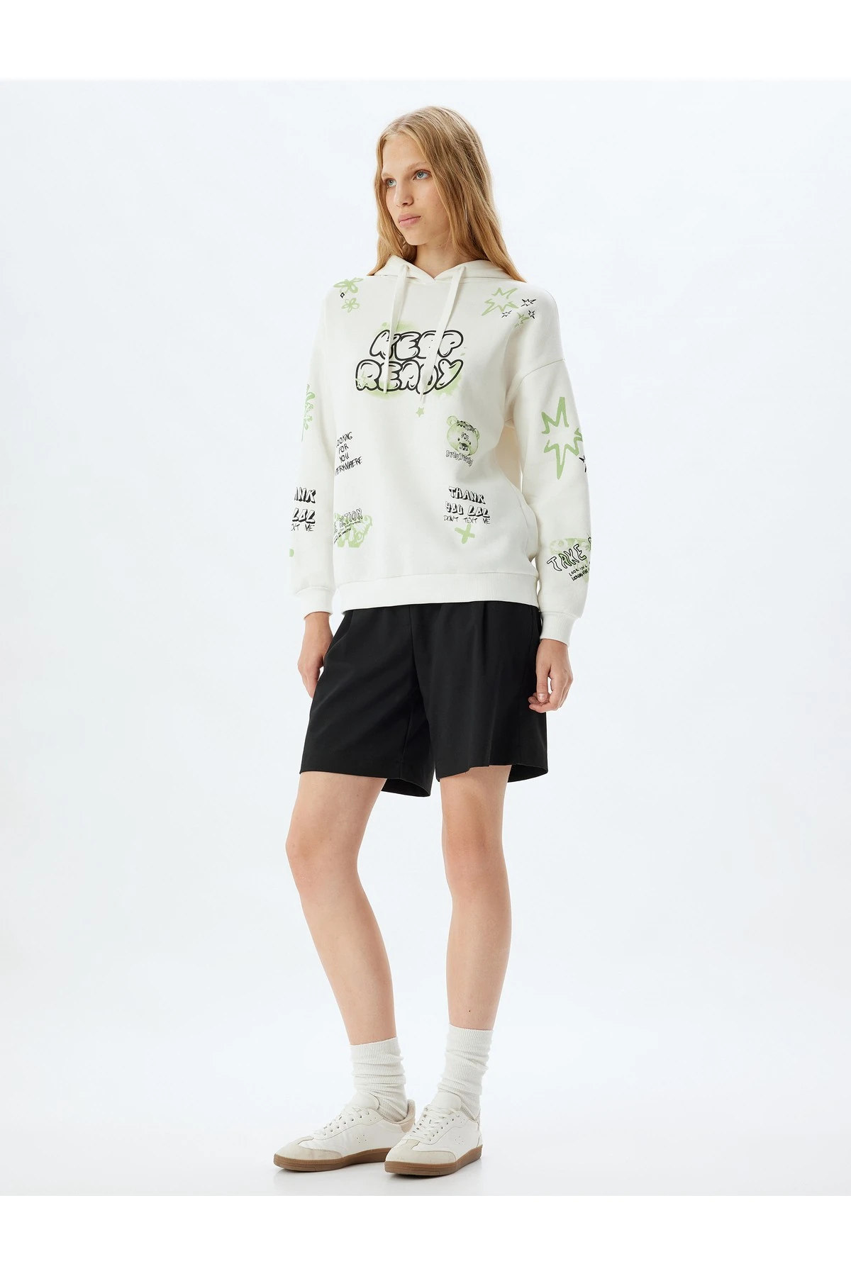 Şardonlu Kapüşonlu Sweatshirt Slogan Baskılı Rahat Kalıp