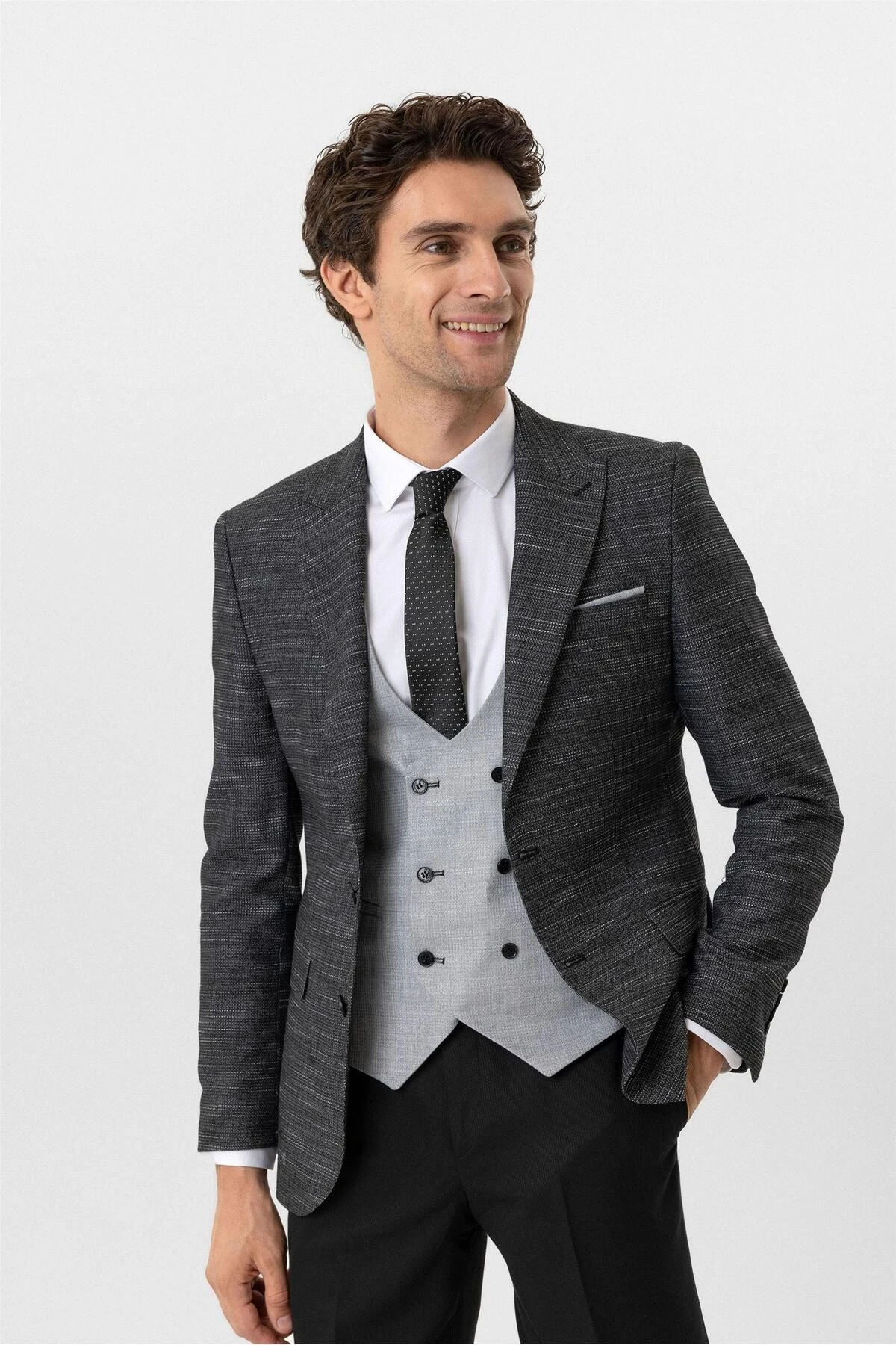 Siyah Slim Fit Desenli Sivri Yaka 6 Drop Yelekli Klasik Takım Elbise