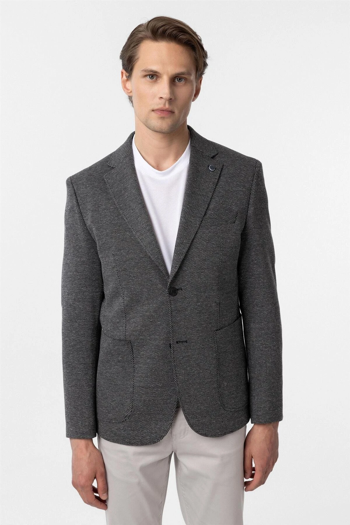 Siyah Slim Fit Desenli Mono Yaka 6 Drop Ceket