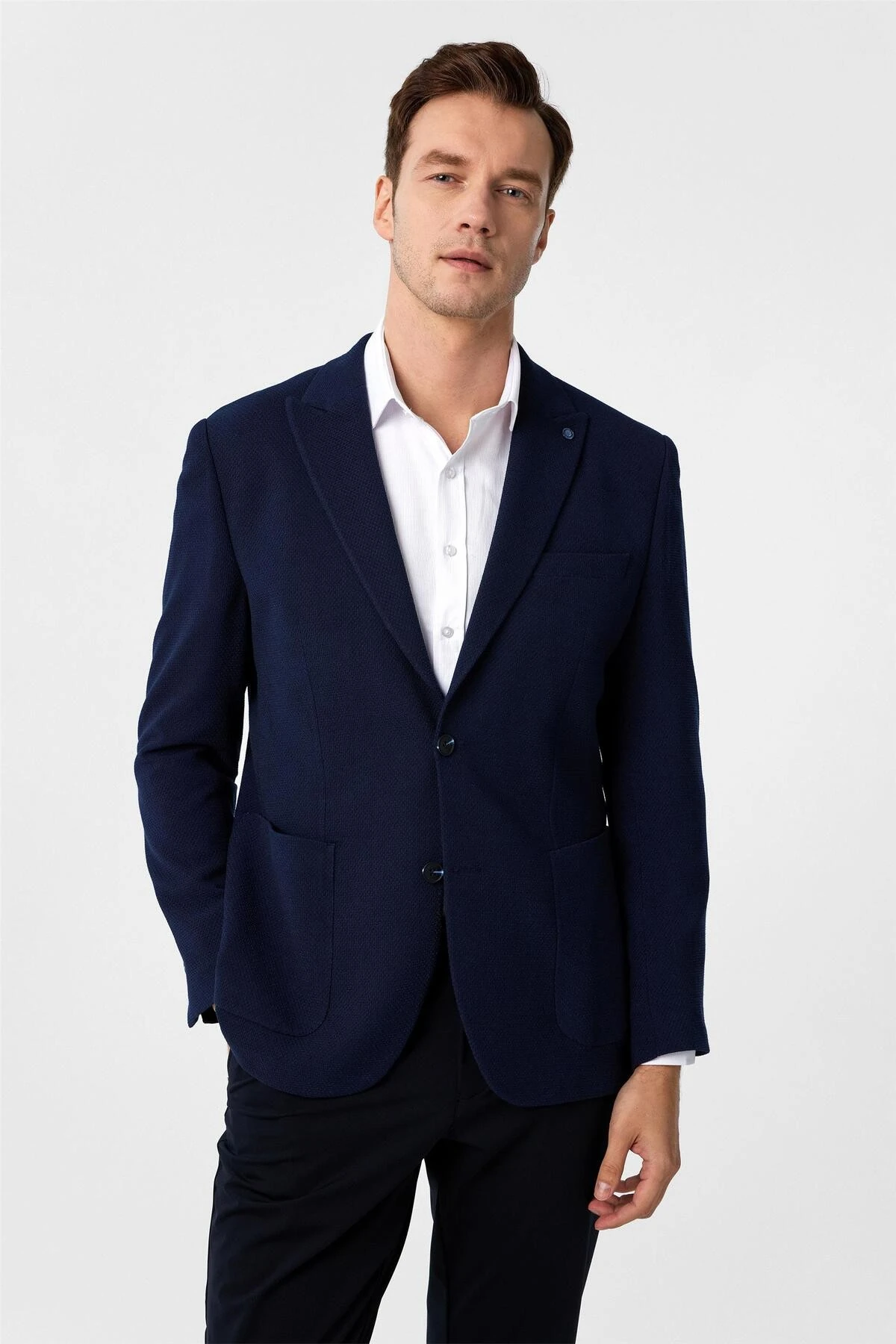 Lacivert Slim Fit Desenli Sivri Yaka 6 Drop Ceket