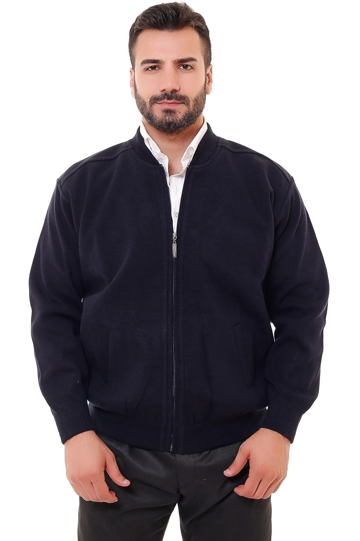 Bluesmoda Astarlı Cepli Farmuarlı Çelik Örme Ceket Hırka Lacivert