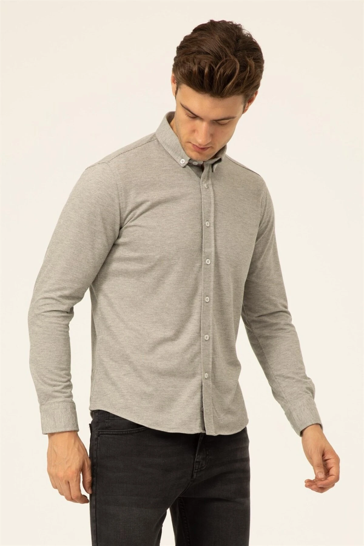 Süvari Slim Fit Uzun Kol Jakarlı Örme Bej Erkek Gömlek