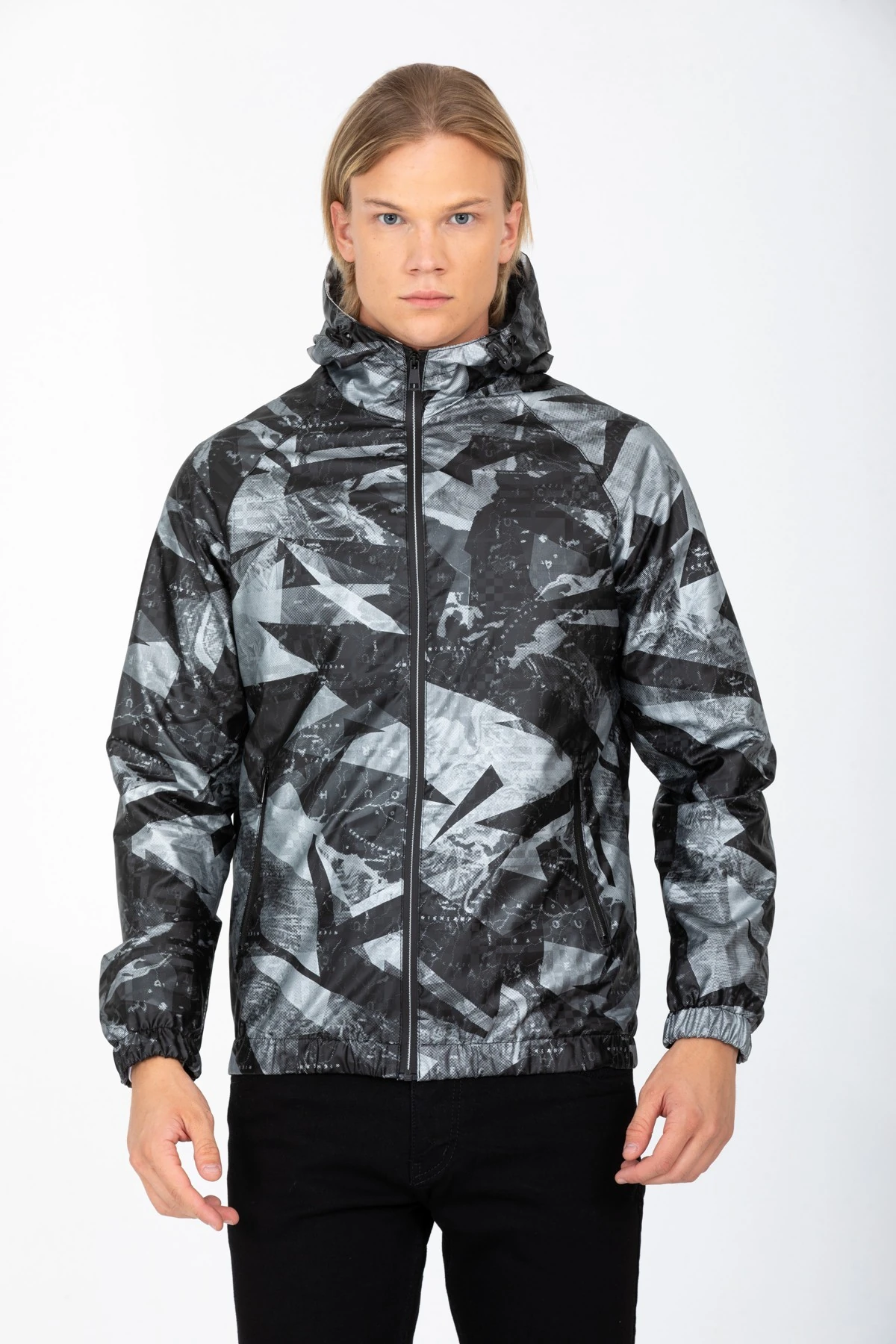 Erkek Siyah Kapüşonlu Desenli Suni Deri Kumaşlı Astarlı Mont/yağmurluk 8069