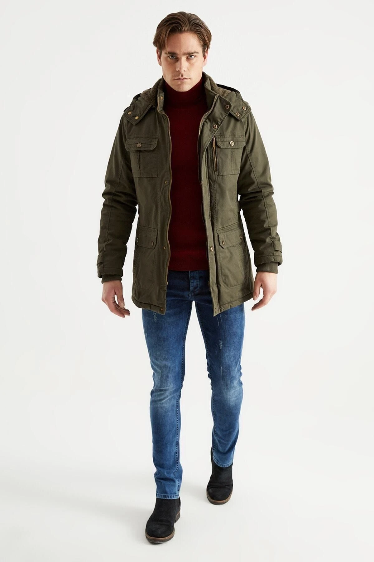 Erkek Askeri Yeşil Kapüşonlu Kürk Astarlı Su Geçirmez Kaplamalı Kalın Kaban