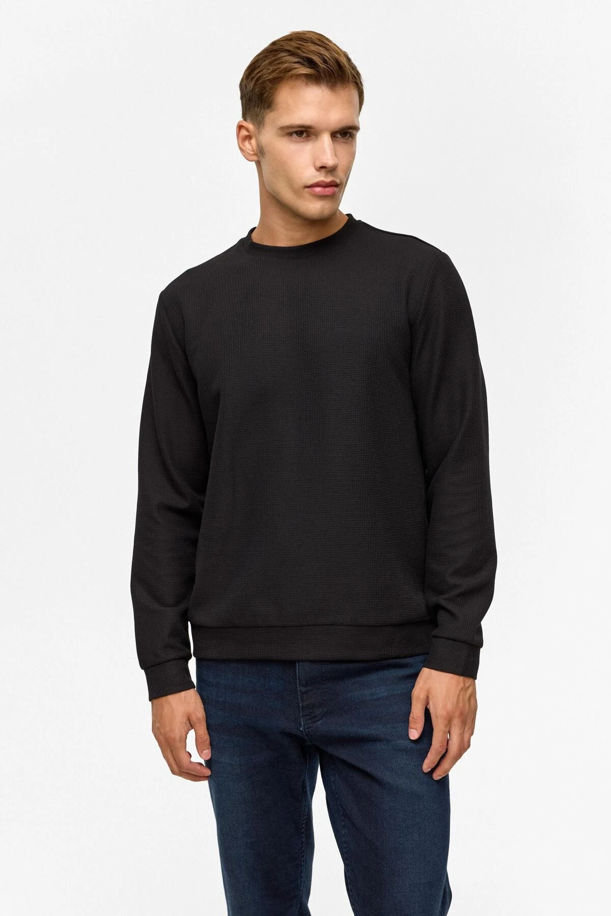 Lacivert Regular Düz Bisiklet Yaka Sweatshirt