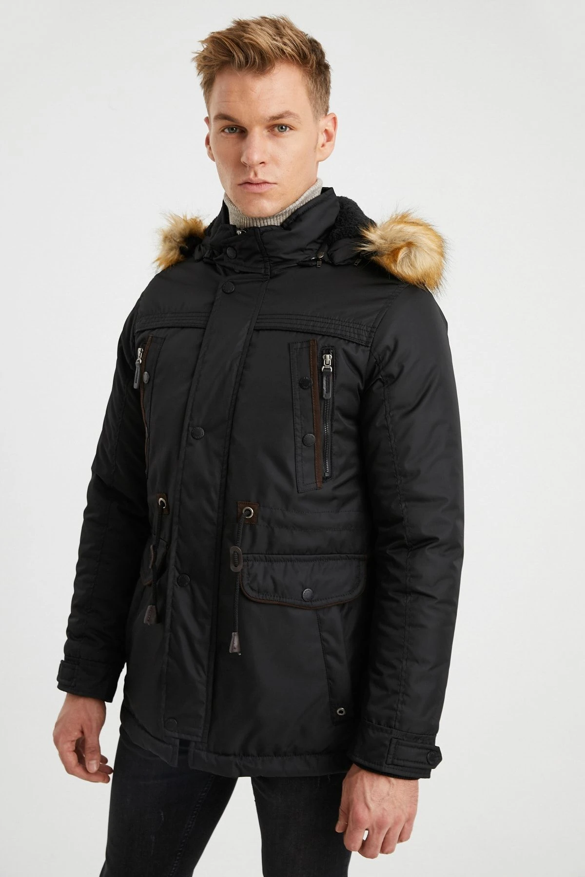 Erkek Siyah Kapüşonlu Kürk Astarlı Su Geçirmez Kalın Kaban